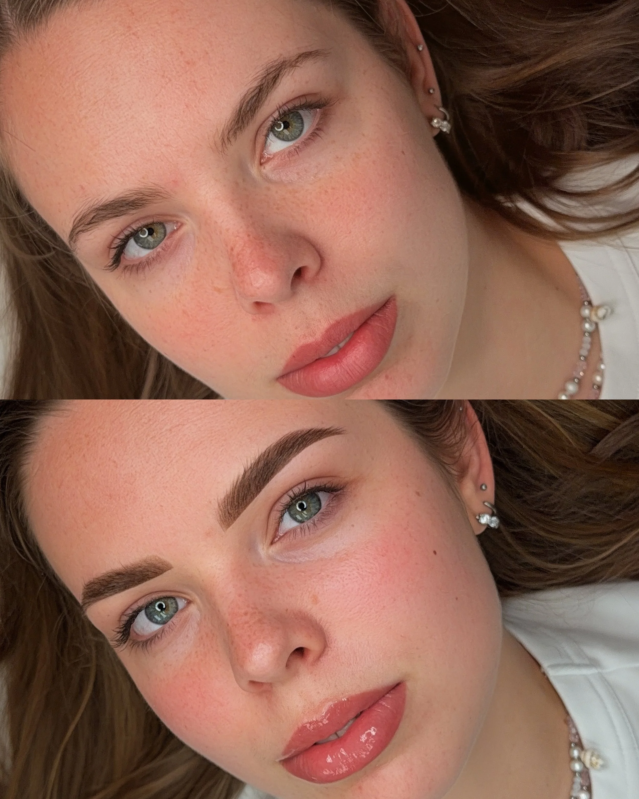 Close-up van een vrouw met verzorgde wenkbrauwen en natuurlijke make-up.