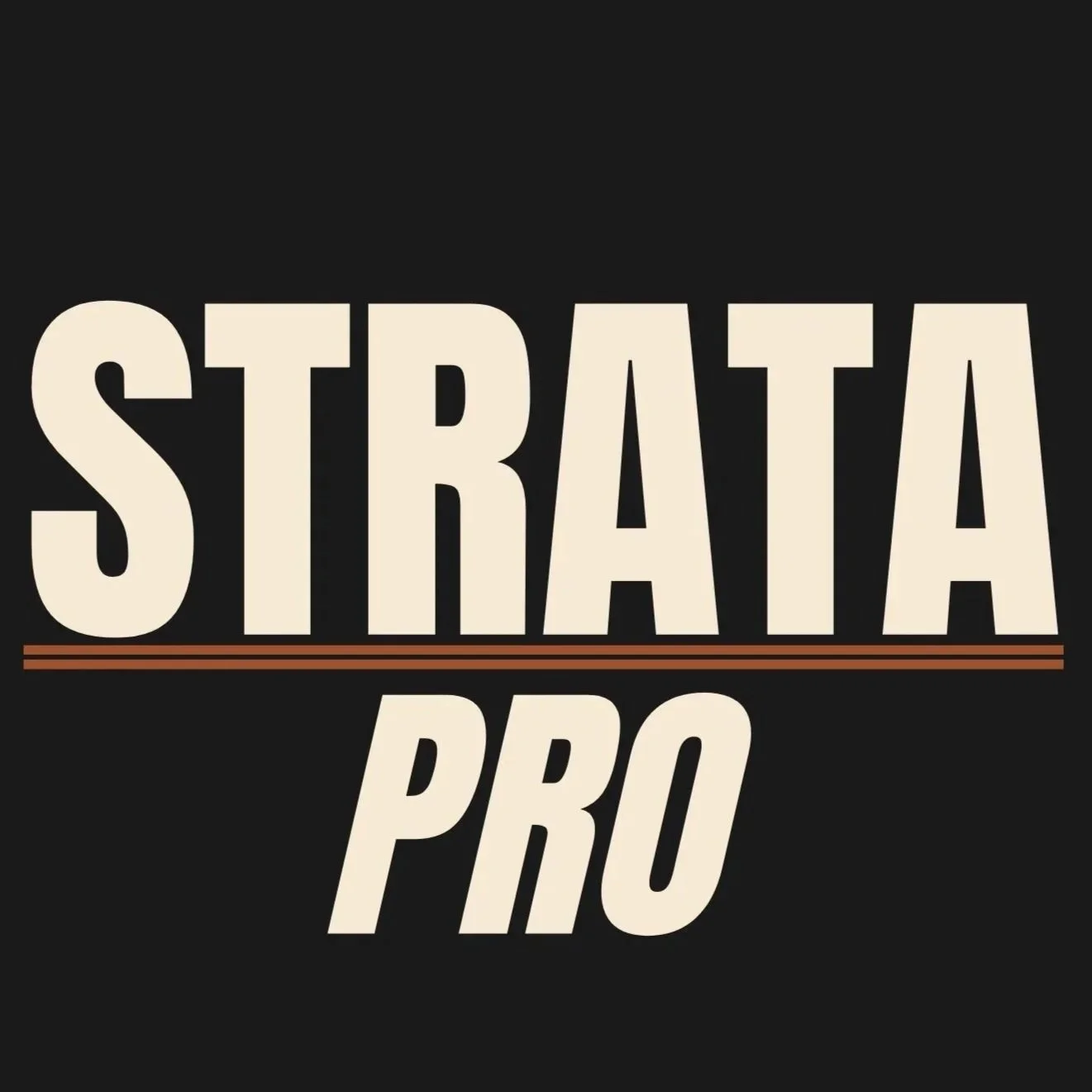 Text reading 'STRATA PRO' with a black background and beige and brown accents.