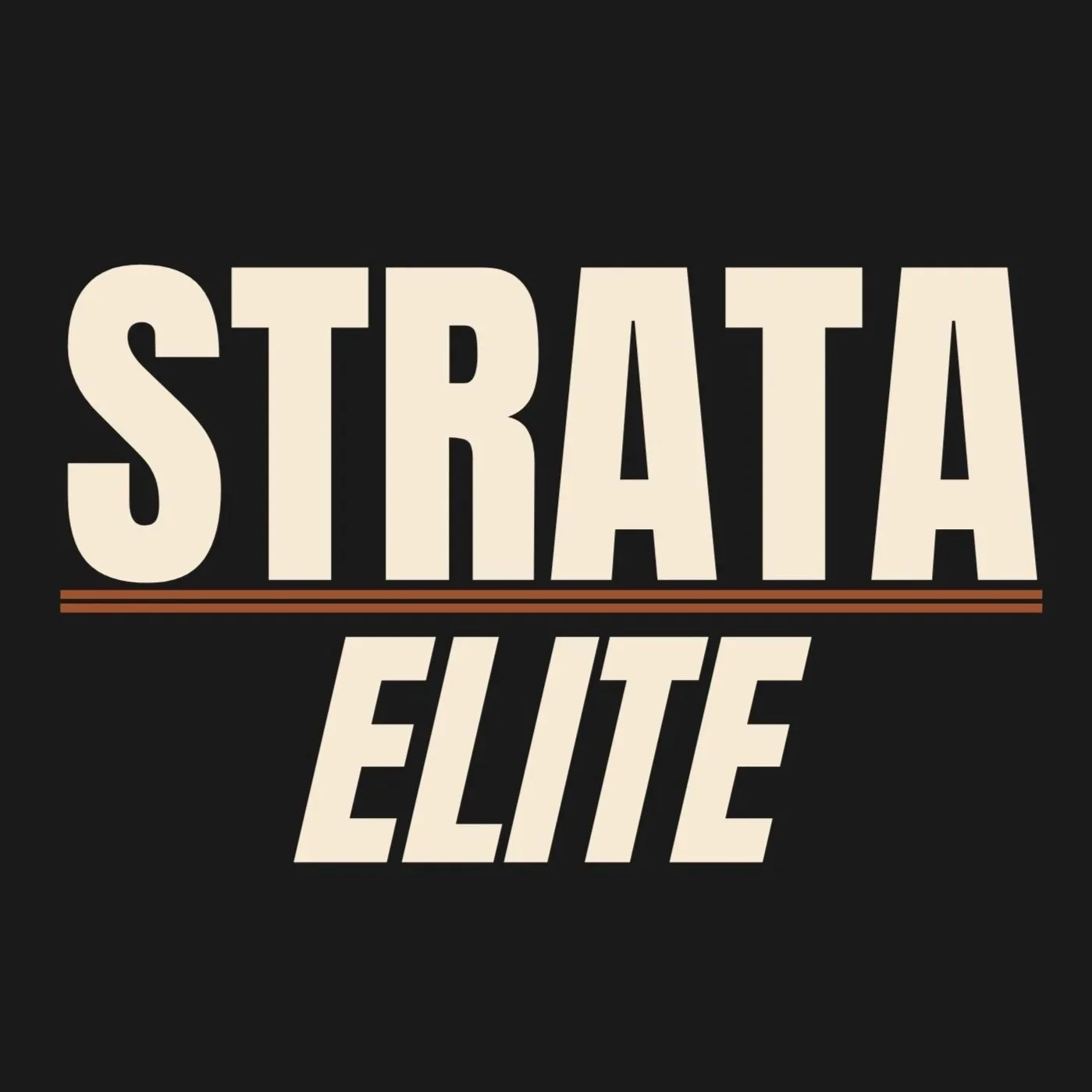 Logo for Strata Elite featuring bold beige text on black background, with red underline beneath 'Strata' and slanted text for 'Elite'.