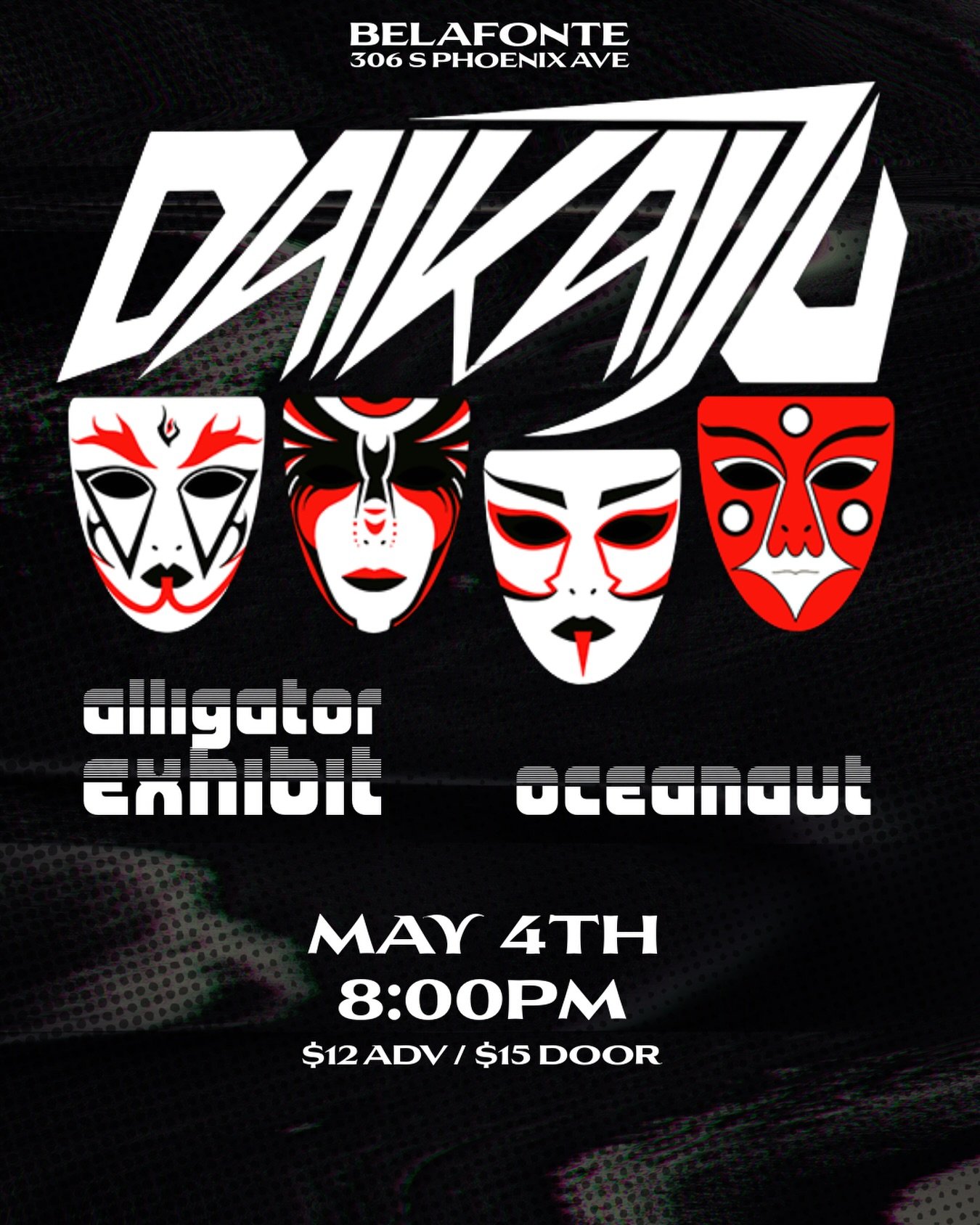May 4th @teamdaikaiju takes the stage with their surf rock sound and unforgettable live performance that blur the line between concert and spectacle.

The night also features local support from @alligator_exhibit and @oceanautok 

The bar will be ava