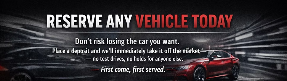 A promotional advertisement for reserving a vehicle, featuring a red car on a blurred background with bold white and red text.