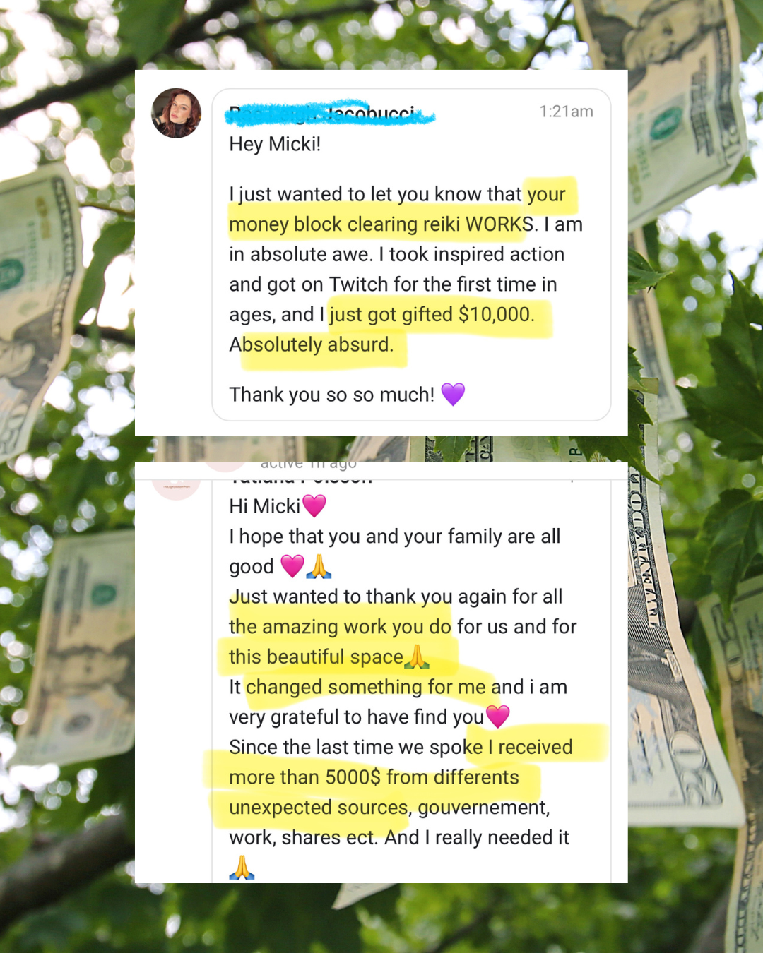 Screenshots of messages praising someone's work, with highlighted phrases about earning $10,000 and receiving over $5,000 from various sources, with dollar bills hanging on tree branches in the background.