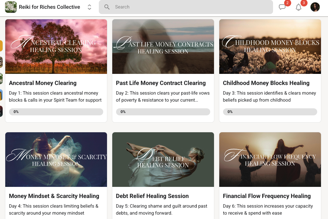 Screenshot of the Reiki for Riches Collective Facebook page showing six healing session options, including ancestral money clearing, past life money contract clearing, childhood money blocks healing, money mindset and scarcity healing, debt relief healing, and financial flow frequency healing.