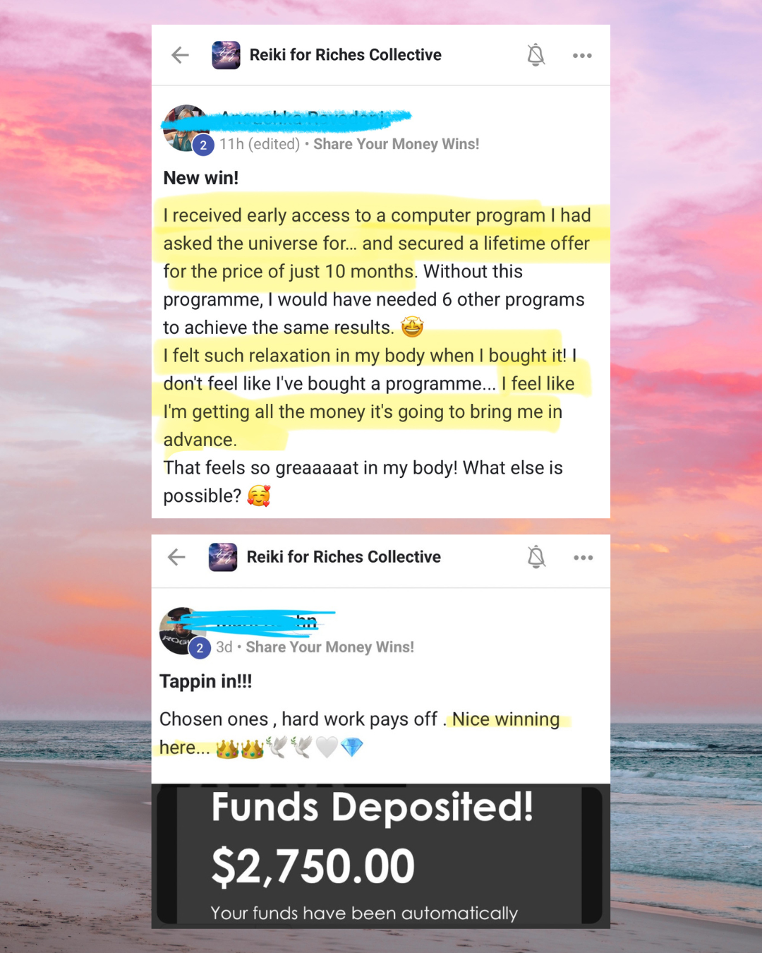 Screenshots of social media posts from 'Reiki for Riches Collective' promoting a computer program and sharing winnings of $2,750, with highlighted positive feedback about the program.