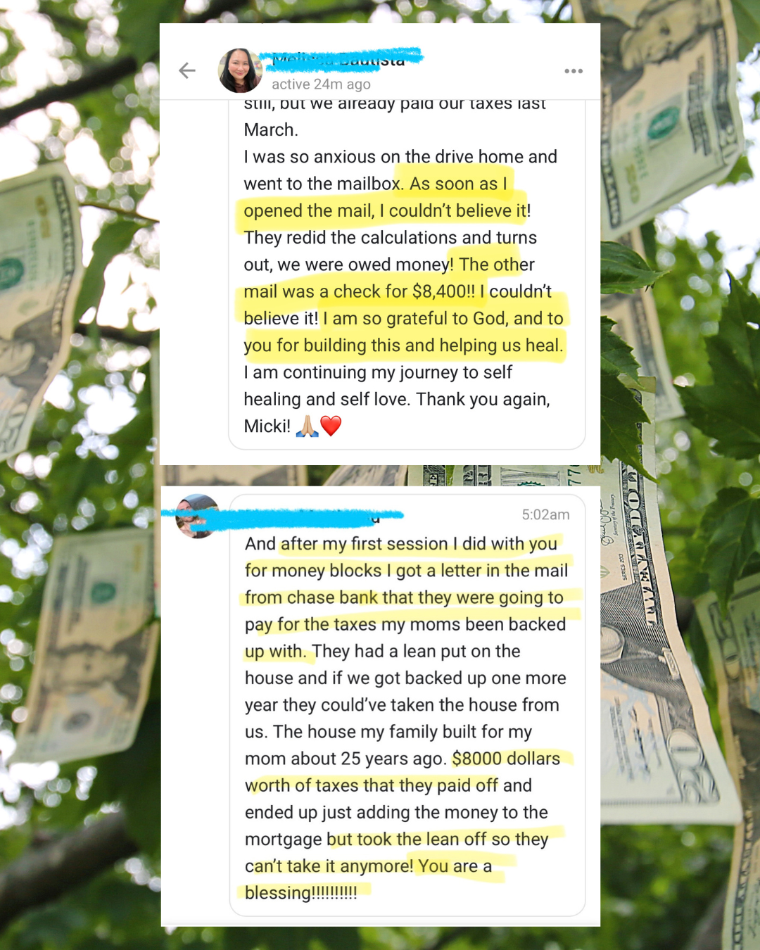 Screenshots of two text messages overlayed on a background of hanging dollar bills on tree branches. The messages contain expressions of gratitude for financial help.
