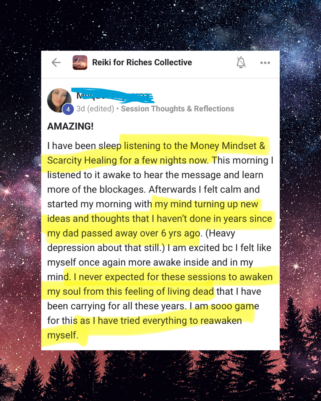 Screenshot of a Facebook post in 'Reiki for Riches Collective' group, with highlighted text about spiritual awakening, mental clarity, and energy healing experiences.