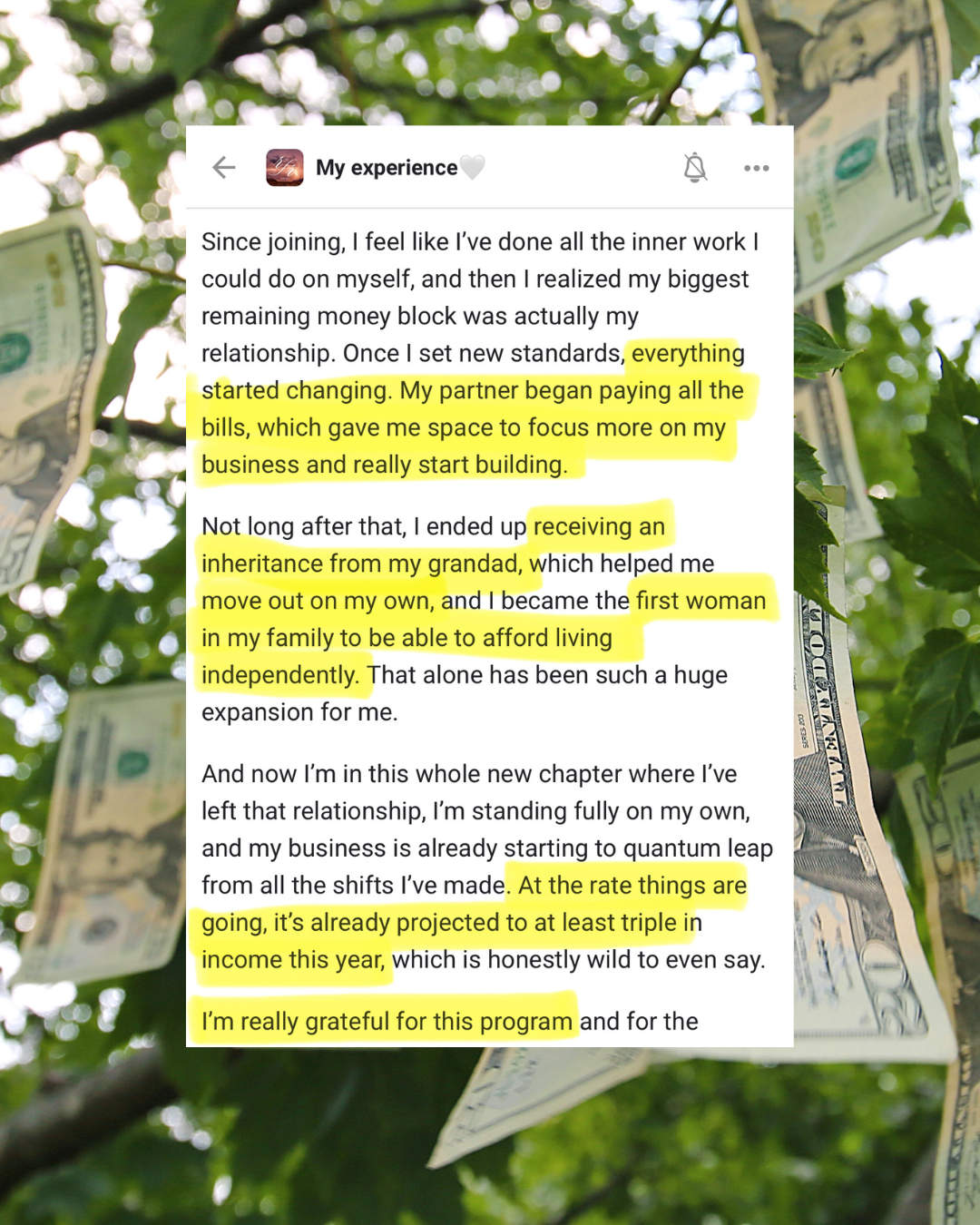 A screenshot of a social media post overlayed on a background of dollar bills hanging on a tree branch, with leaves and sunlight visible.