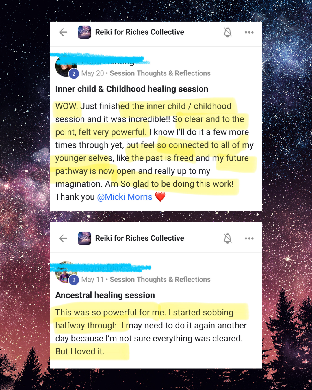 Screenshots of Facebook posts in the 'Reiki for Riches Collective' group, sharing reflections on healing sessions related to inner child, childhood, and ancestral healing, with highlighted positive comments.
