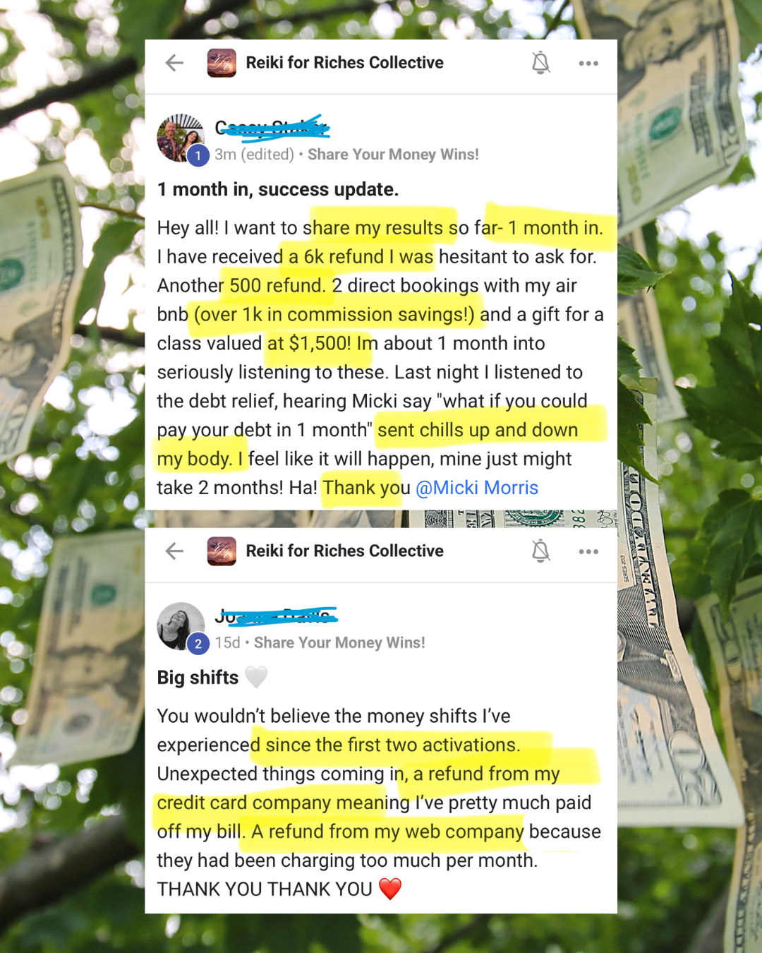 Screenshots of social media posts with success stories about financial gains, refunds, and credit card reimbursements, overlaid on a background of hanging US dollar bills on tree branches.
