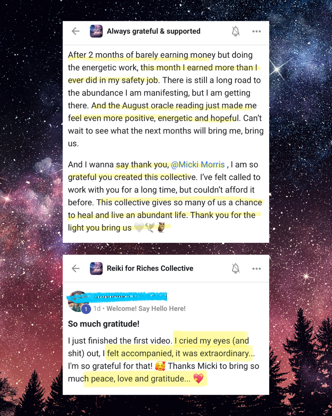 Screenshots of social media posts expressing gratitude, personal growth, and positive experiences related to collective healing, spiritual work, and emotional breakthroughs, set against a starry night sky background with trees.