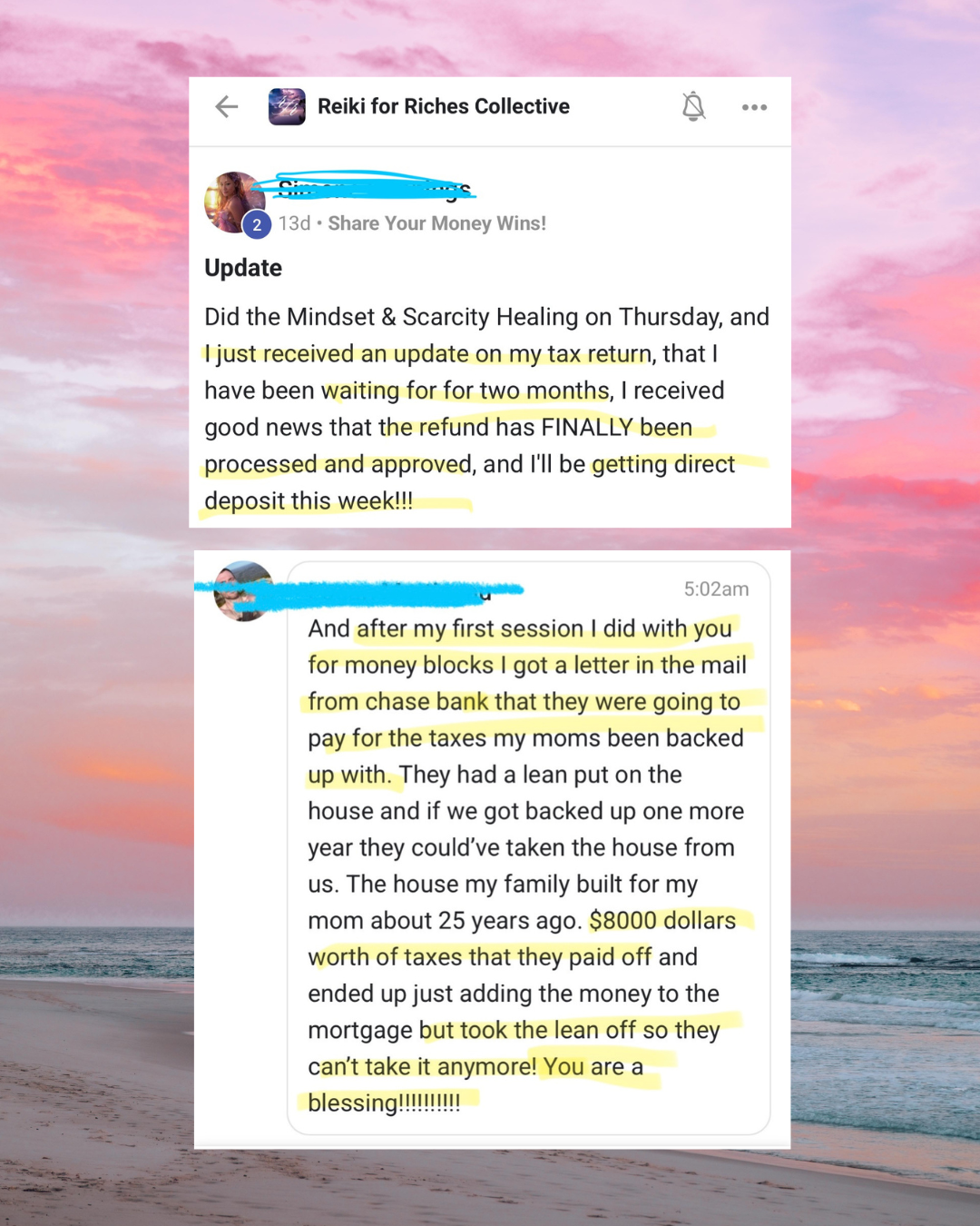 Screenshot of a Facebook conversation in the 'Reiki for Riches Collective' group discussing financial updates, including tax refunds and mortgage payments, with highlighted text and a sunset background.
