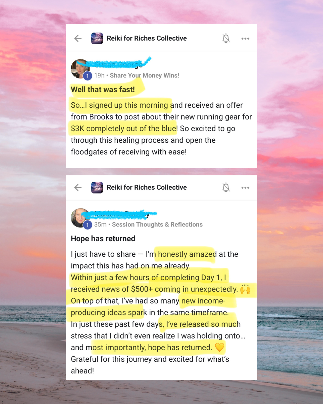 Screenshots of Facebook posts from 'Reiki for Riches Collective' discussing financial success, with highlights on phrases about quick earnings, amazing progress, and hope returning.