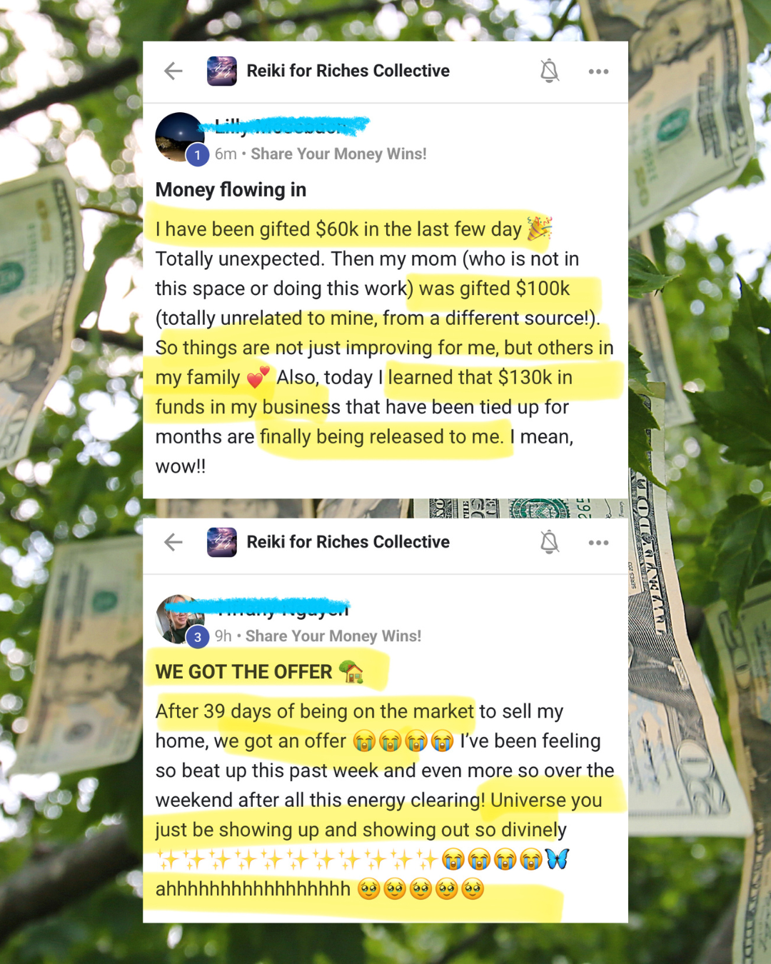 Screenshots of Facebook posts in a group called 'Reiki for Riches Collective,' showing posts about receiving money, with highlighted text about gifts, funds, and offers, against a background of hanging dollar bills and green leaves.