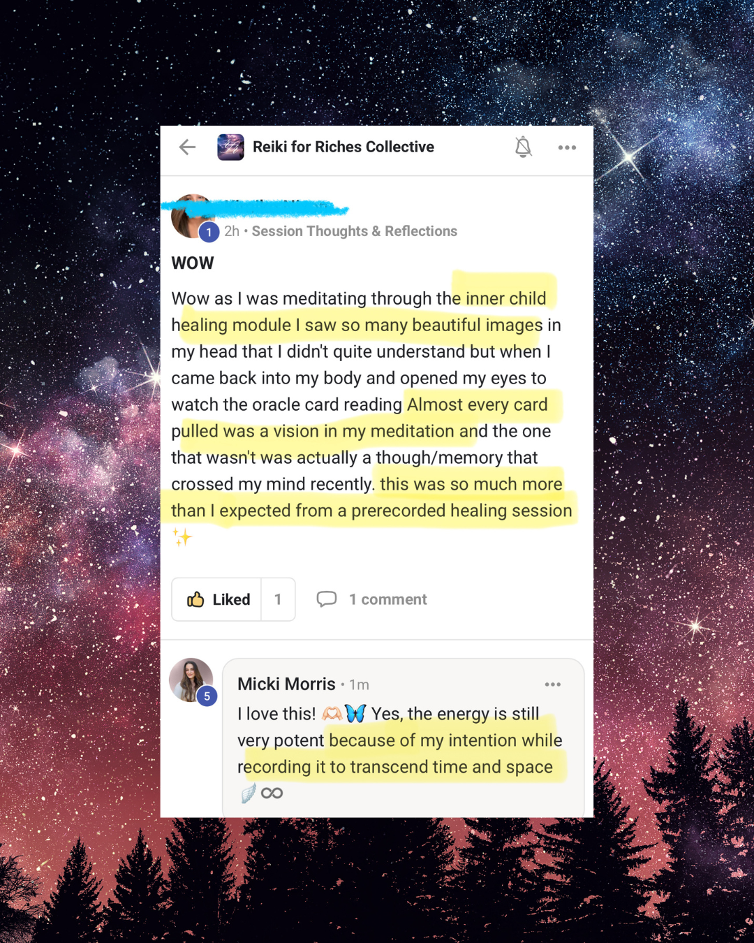 Screenshot of a Facebook post from a group named 'Reiki for Riches Collective,' discussing meditation experiences and vision during a healing session. The background is a night sky with stars and silhouettes of trees.