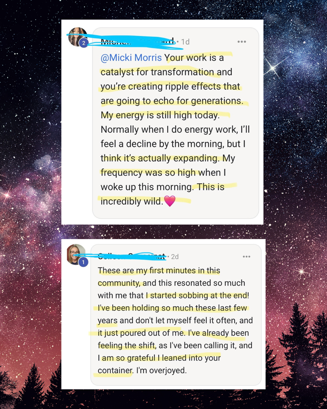 Screenshots of two social media posts with highlighted text. The first post is a compliment to Micki Morris about energy and transformation, ending with an emoji heart. The second post describes personal emotional experiences, mentioning sobbing and feeling a shift, ending with gratitude.