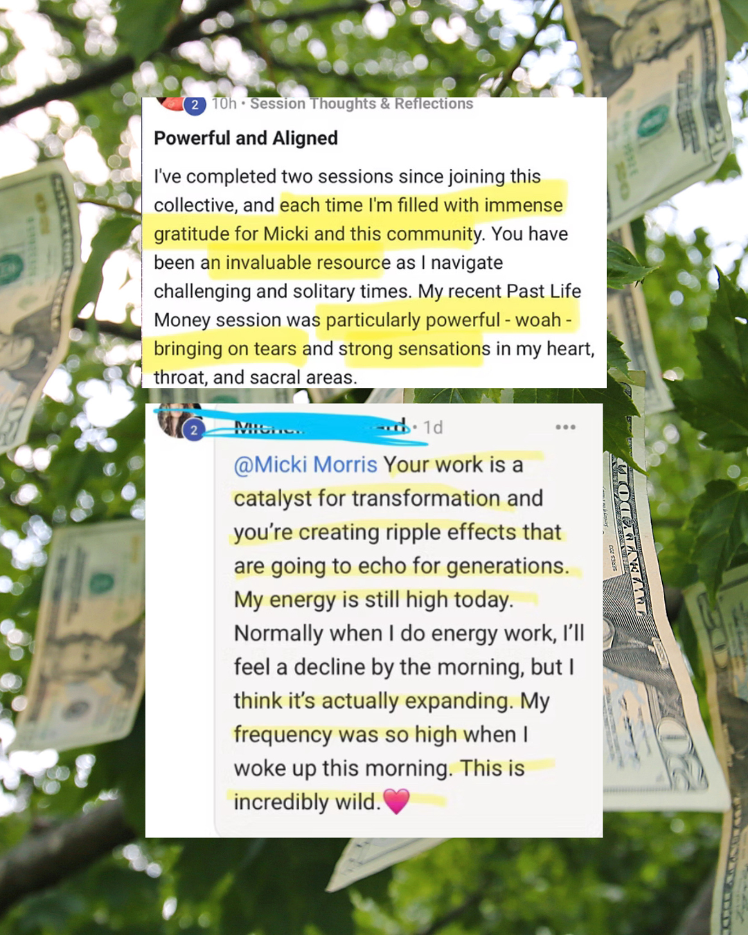 A screenshot of social media posts over a background of hanging dollar bills on tree branches. The posts are about positive reflections on personal growth and energy fluctuations.