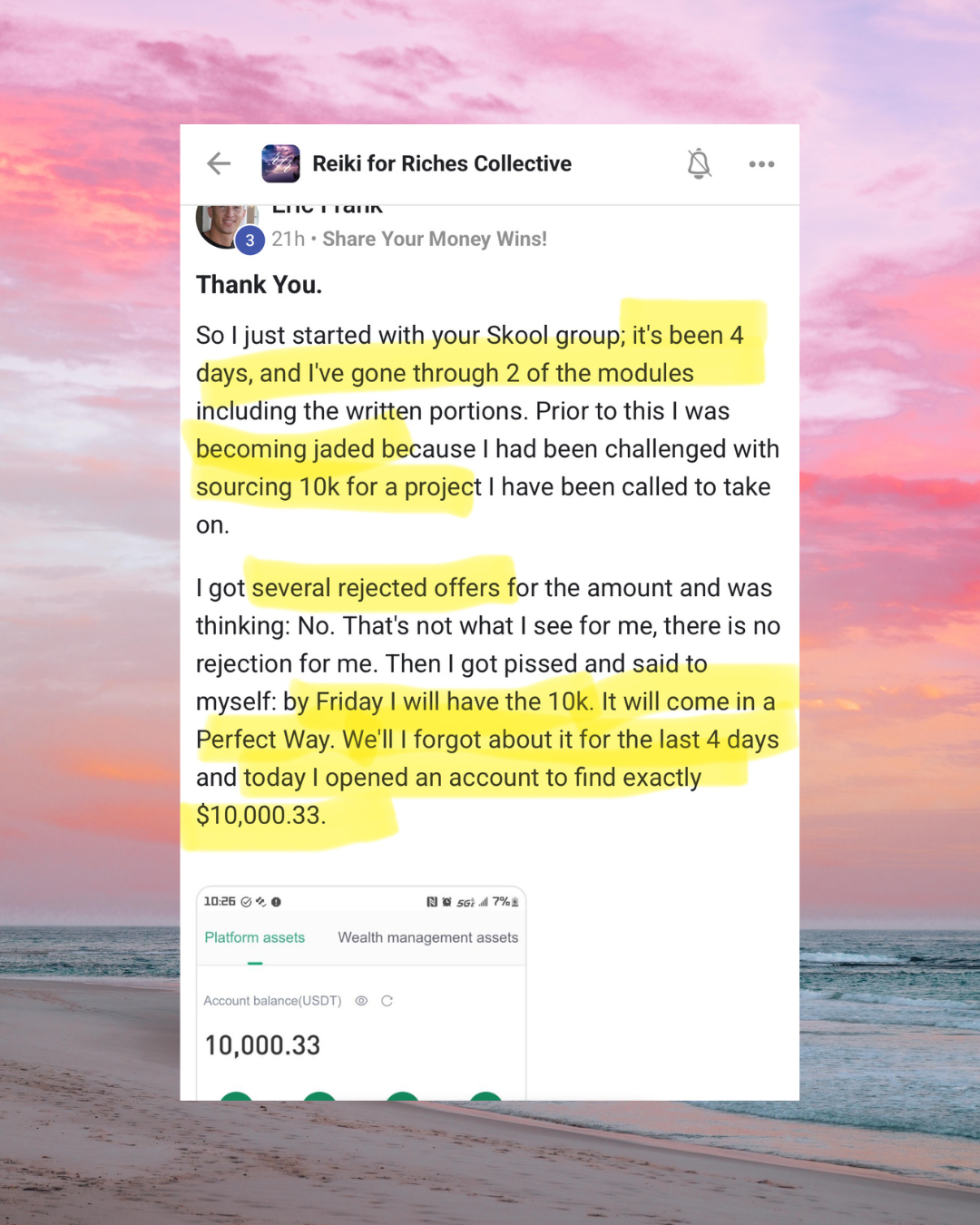 Screenshot of a Facebook post about starting a Skool group, going through modules, and achieving a $10,000 goal in four days. The post includes a motivational story and a small screenshot of a mobile banking app showing an account balance of $10,000.