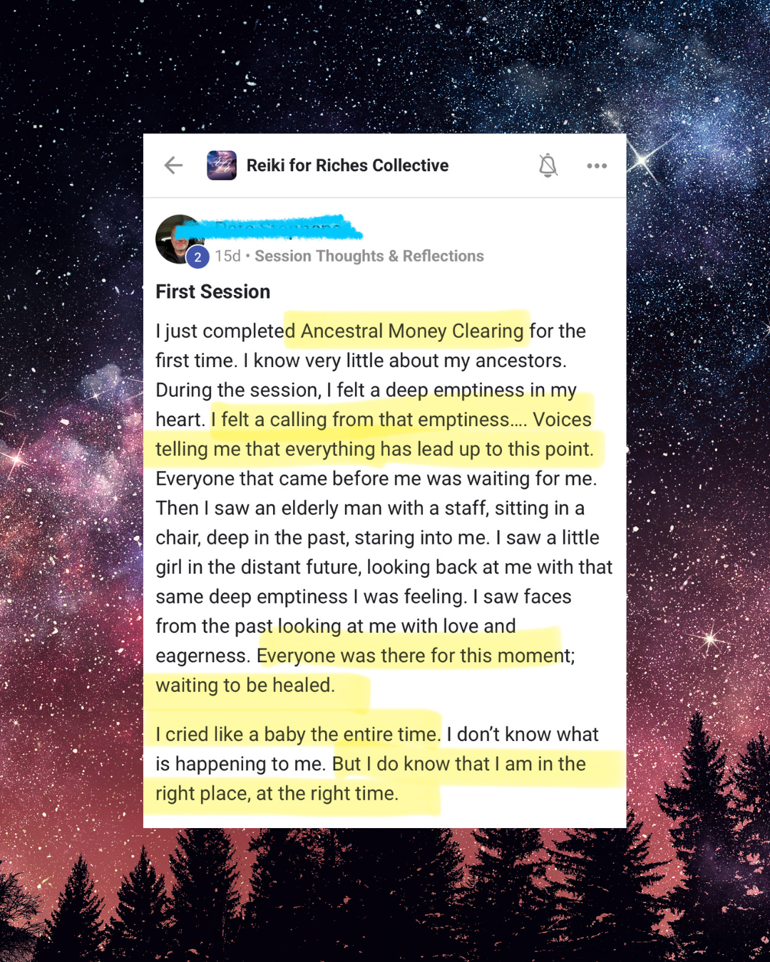 Screenshot of a Facebook post from 'Reiki for Riches Collective' discussing an Ancestral Money Clearing session, emotional feelings, and spiritual insight, with a background of a starry night sky and silhouette of trees.
