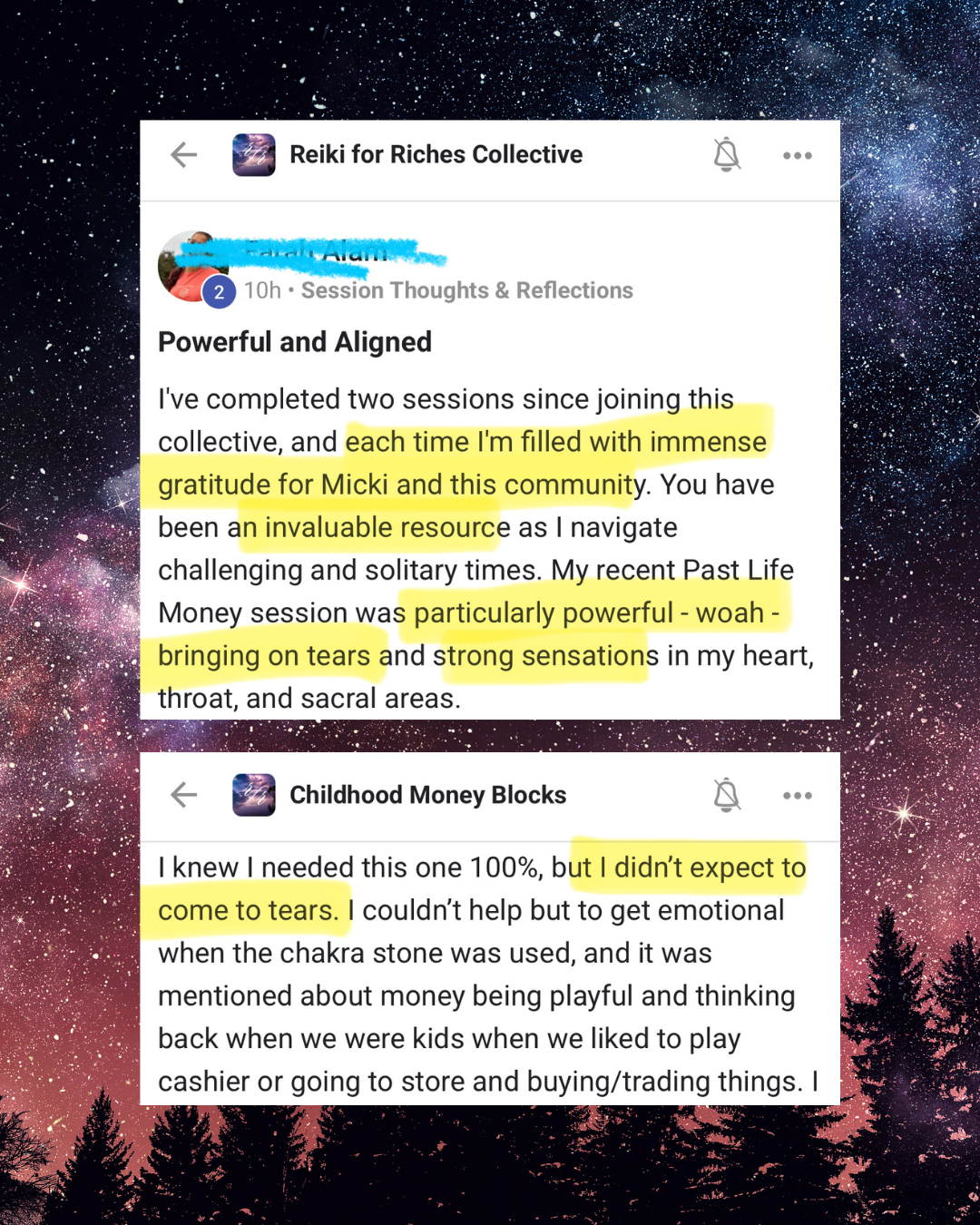 Screenshot of a Facebook group post titled 'Reiki for Riches Collective,' with highlighted text discussing gratitude, powerful sessions, emotional tears, and childhood money blocks, set against a starry night background.