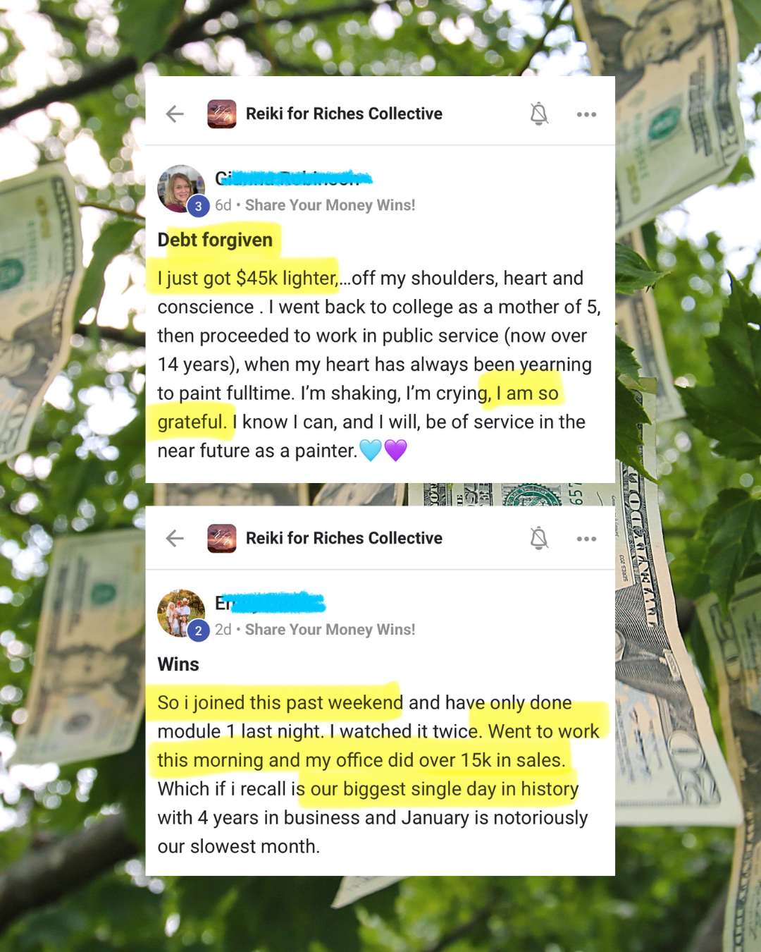 Screenshots of two Facebook posts from a group called Reiki for Riches Collective, sharing stories of financial success and milestones, with dollar bills and leaves in the background.