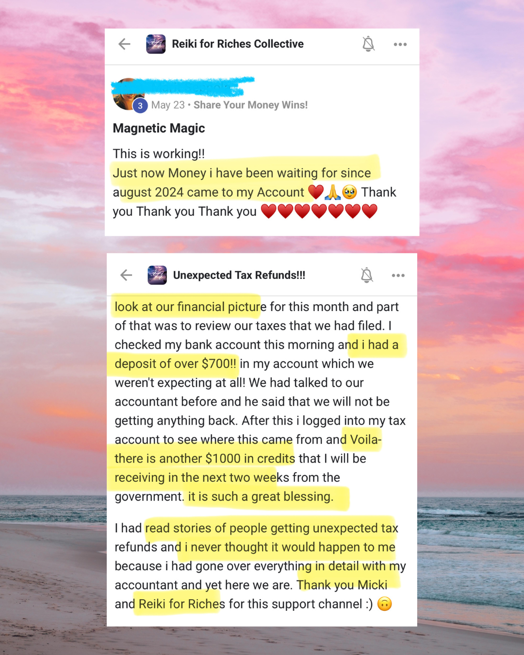 Screenshots of two Facebook posts, one titled "Magnetic Magic" and the other "Unexpected Tax Refunds!!!" with highlighted text discussing money, financial gains, and gratitude.