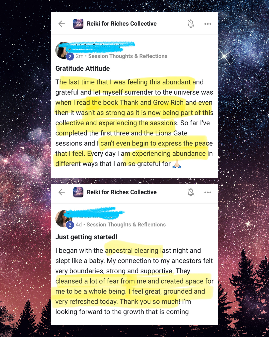 Screenshots of two Facebook posts from 'Reiki for Riches Collective' with reflections on gratitude, spiritual healing, and ancestral clearing, highlighted with yellow annotations.