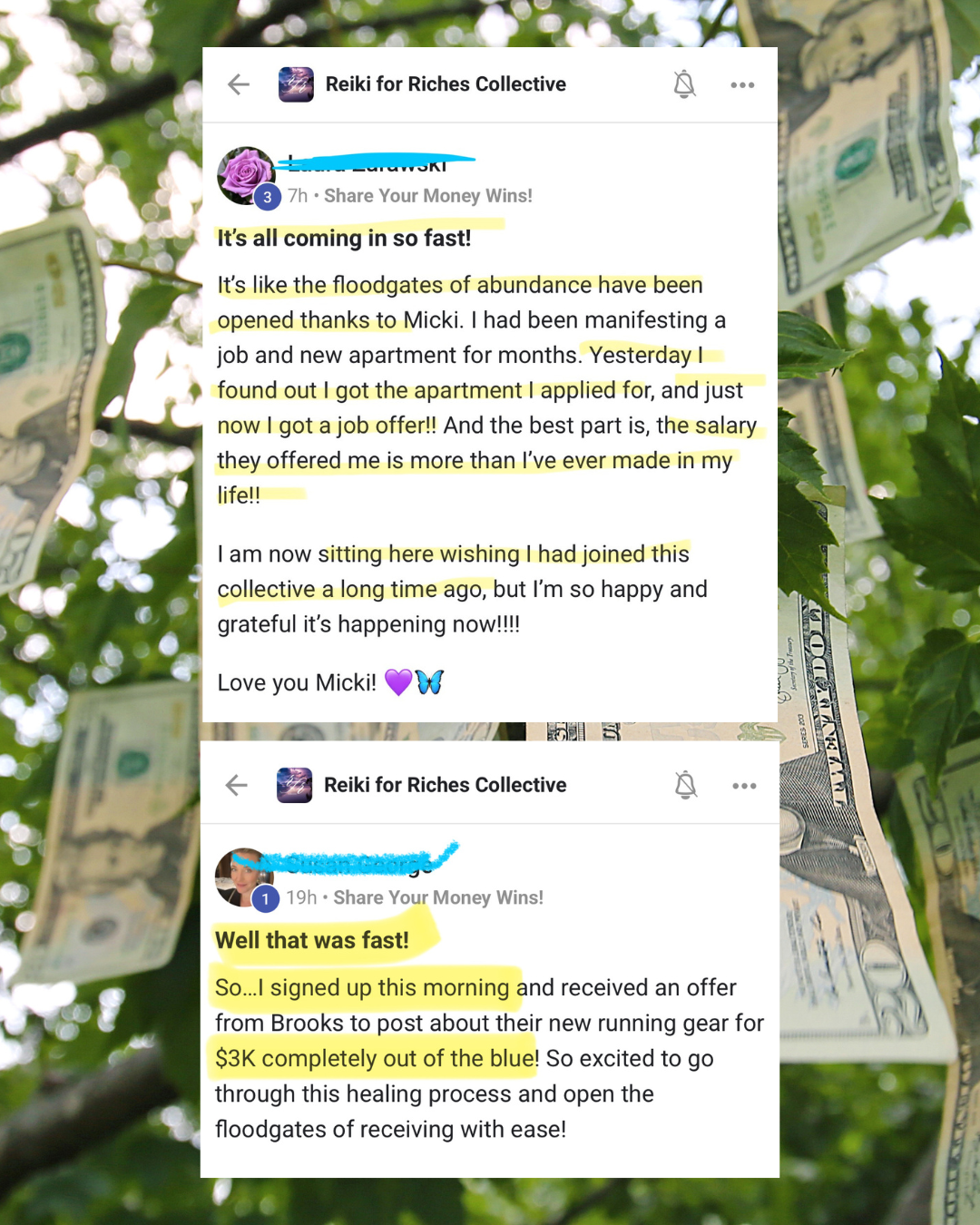 Screenshot of social media posts from a group called 'Reiki for Riches Collective' with highlighted comments about receiving money, job offers, and financial gains, overlaid on a background of floating dollar bills on a tree.