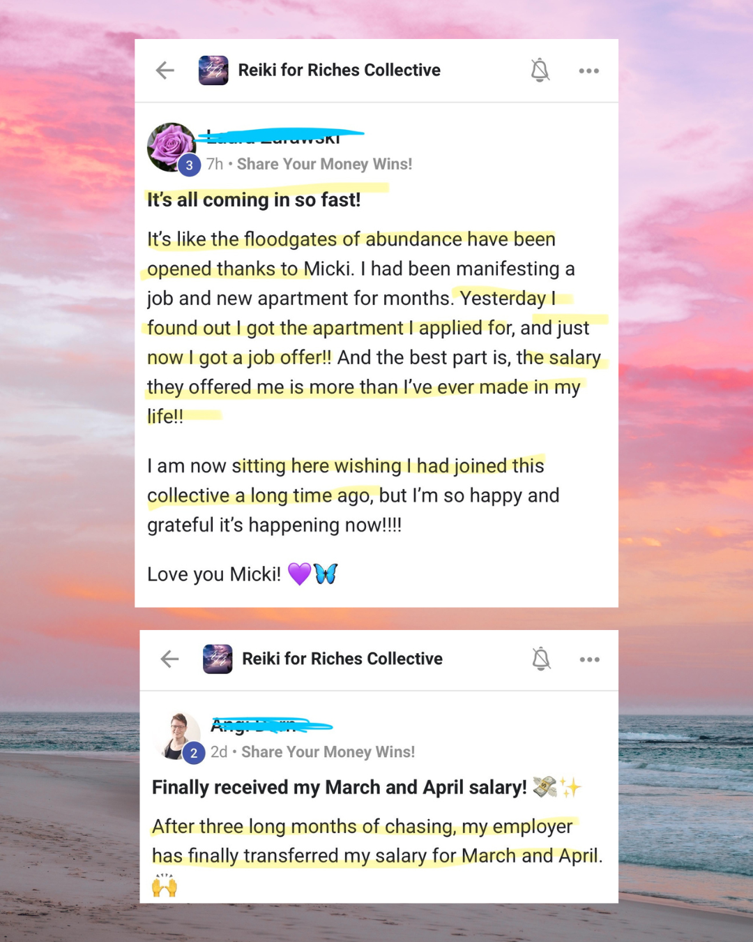 Two social media posts from a community called Reiki for Riches Collective, sharing personal success stories about receiving a salary increase and new job opportunities, with highlighted text emphasizing phrases about abundance, new apartment, and sa
