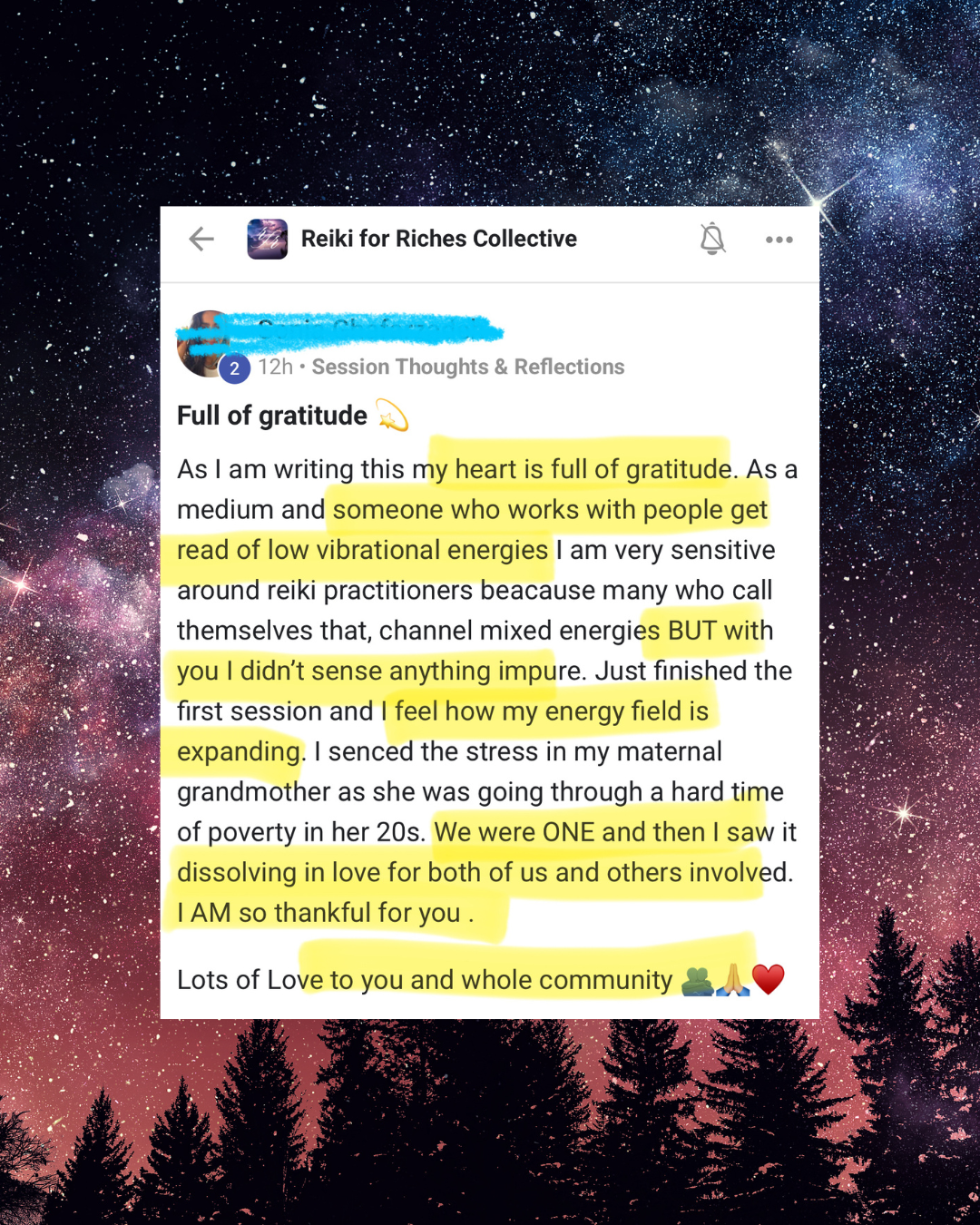 Screenshot of a Facebook post from Reiki for Riches Collective titled 'Full of gratitude.' The post contains personal reflections and highlights about energy, vibrational energies, and gratitude, with key phrases highlighted in yellow.