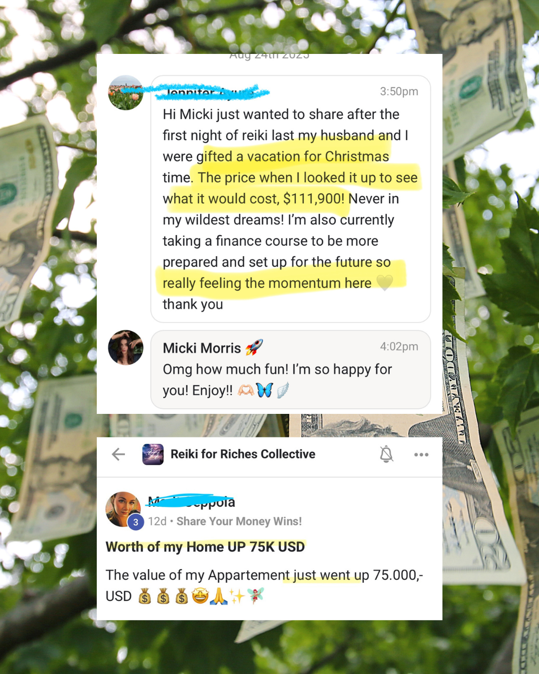 A collection of chat messages overlaid on an image of tree branches with dollar bills hanging from them.