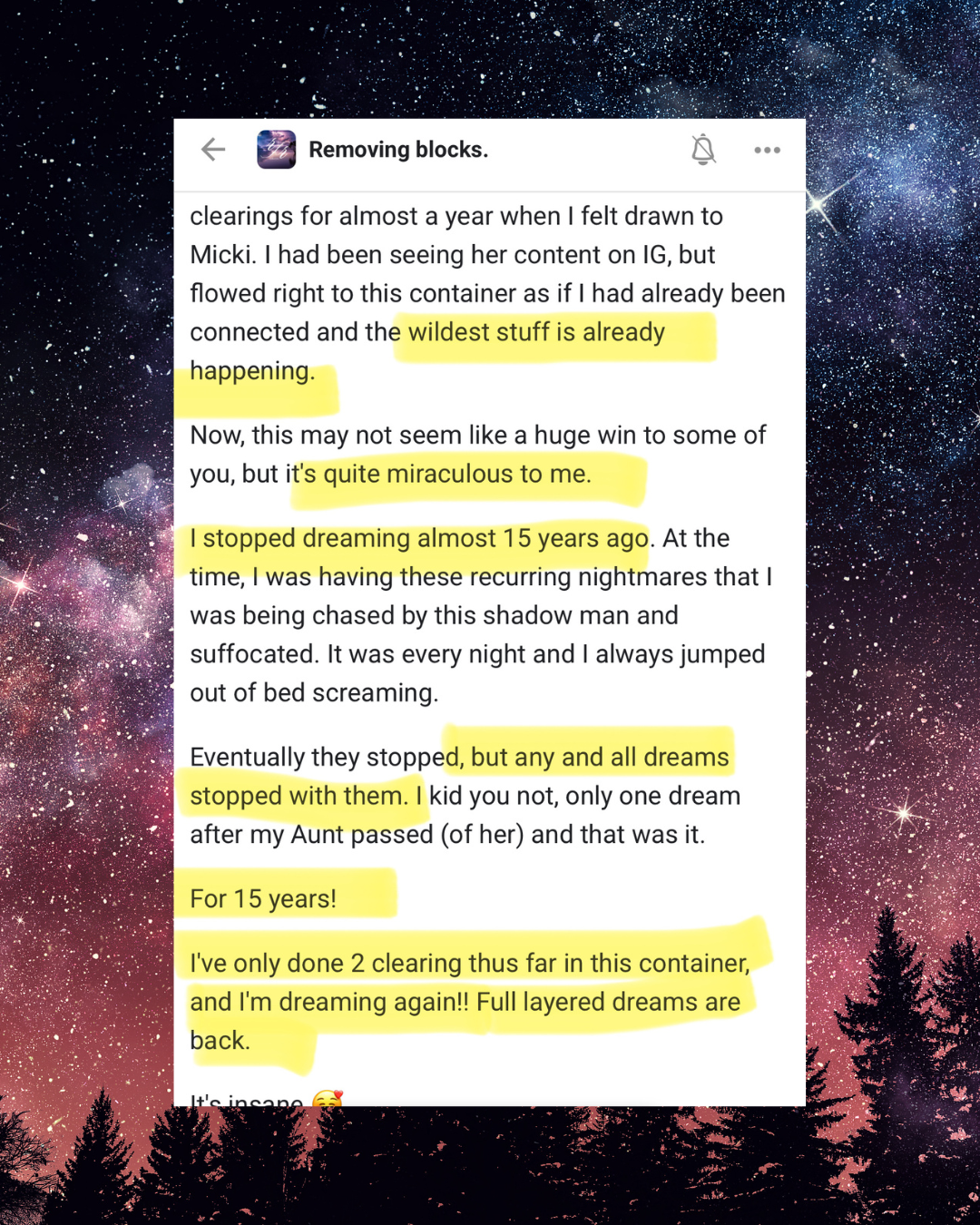 A screenshot of a social media post discussing dreaming about a container and clearing dreams over 15 years, with a starry night sky background showing trees and colorful nebulae.