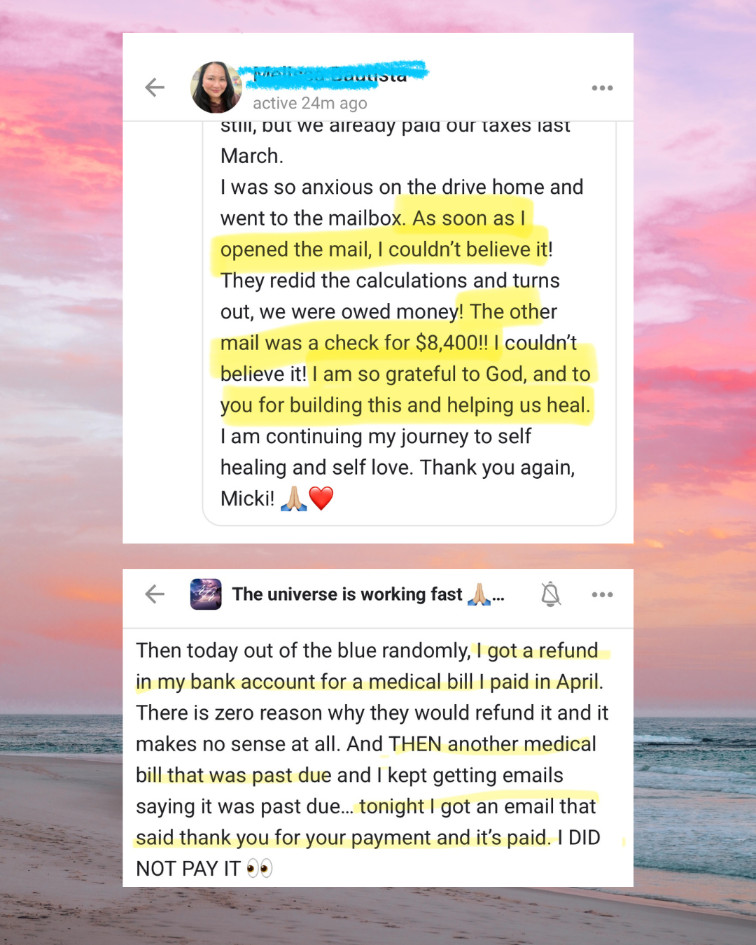Screenshots of two social media posts with highlighted texts. The first post is about someone receiving a check for $8,400 after a mail was opened. The second post discusses a refund received in a bank account for a medical bill that was paid in Apri