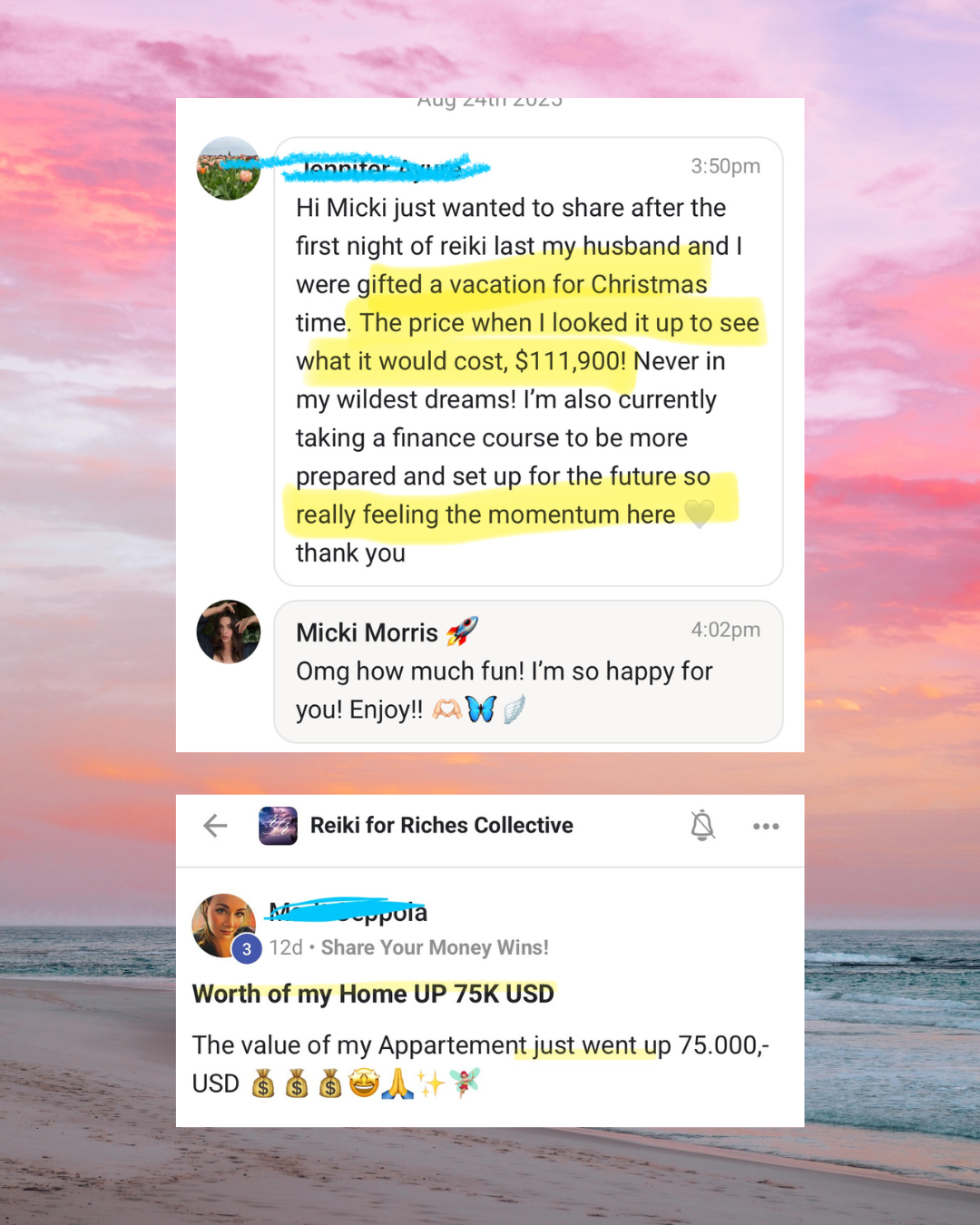 Screenshot of a chat conversation over a beach sunset background, discussing a luxury vacation and a property worth $111,900, with highlighted text emphasizing the details of the vacation and property value.