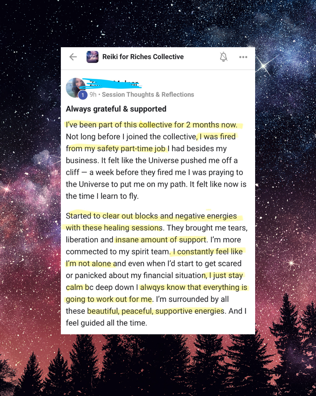 Screenshot of a Facebook post in the 'Reiki for Riches Collective' group, with highlighted text. The post shares personal reflections about being part of the collective, being fired from a part-time job, healing sessions, emotional support, and feeling guided and supported by positive energies.