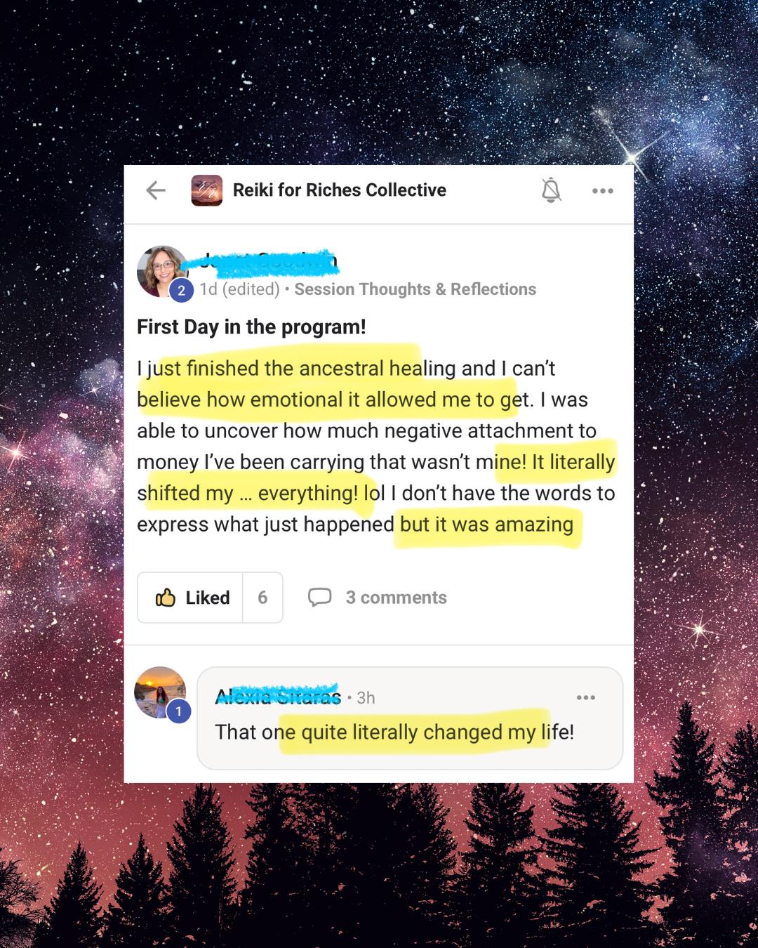 Facebook post titled 'First Day in the program!' with highlighted text about emotional healing from ancestral trauma and a comment stating it 'quite literally changed my life' against a night sky with stars and trees.