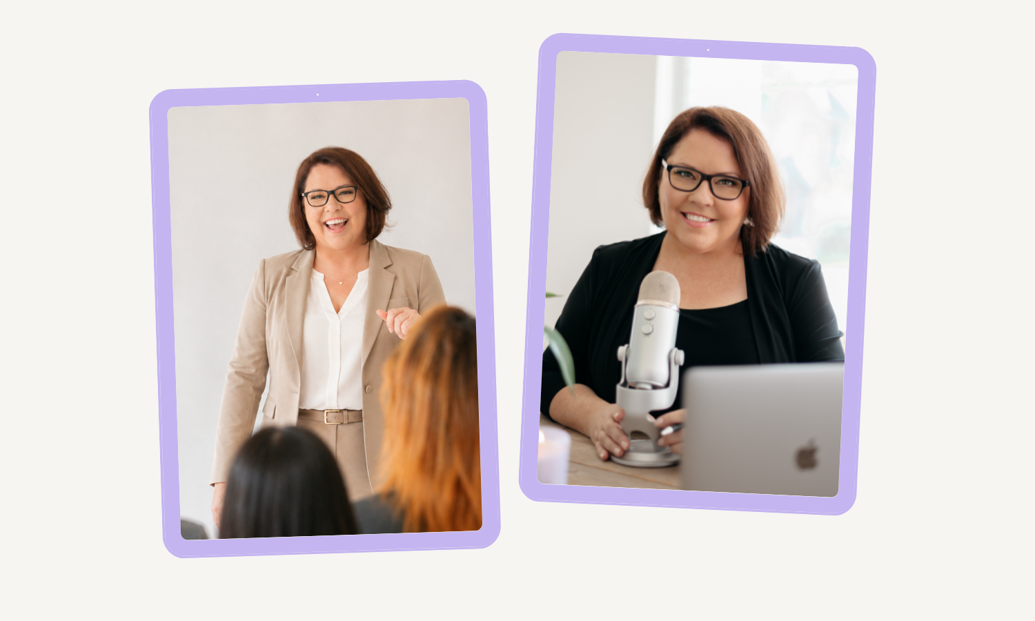 Two photos of the same woman with brown hair, glasses, and a broad smile. In the left photo, she is standing in front of a white wall, wearing a tan blazer and white blouse, speaking to an audience. In the right photo, she is sitting at a desk with a laptop and microphone, smiling at the camera.