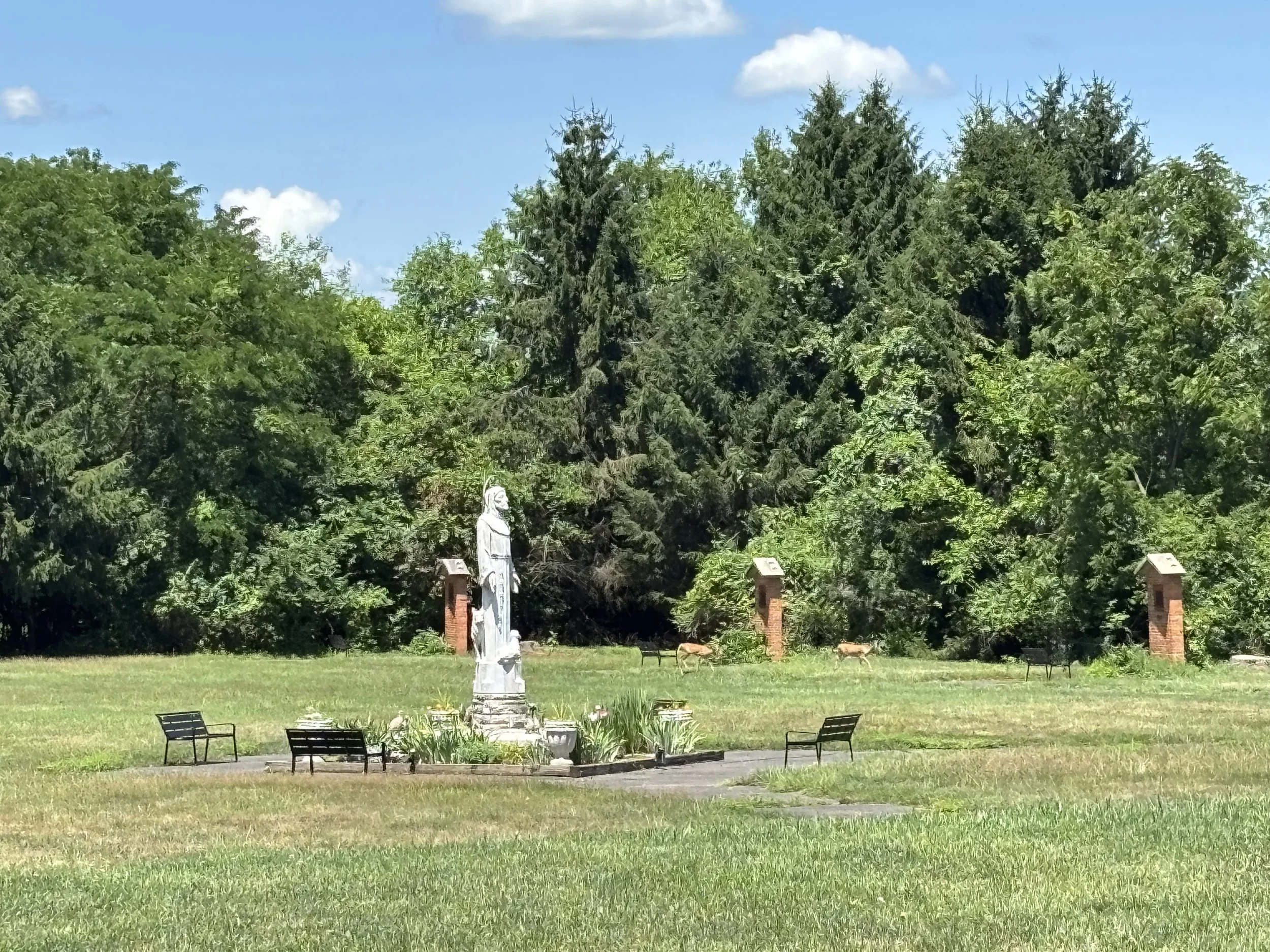 A lush green park with a statue of a woman and several benches. Tall trees in the background, blue sky with some clouds.
