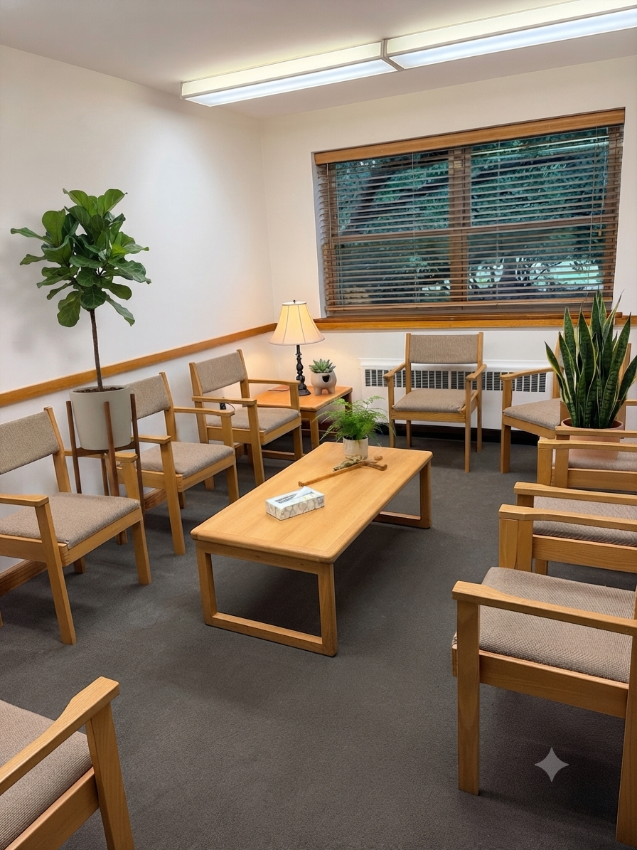 A waiting room with wooden chairs and coffee table, potted plants, a lamp, window with blinds, and neutral-colored decor.