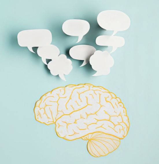image of brain with thought bubbles above it