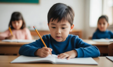 child writing in notebook