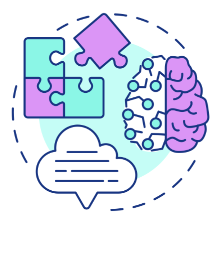 puzzle pieces, brain, and thought cloud