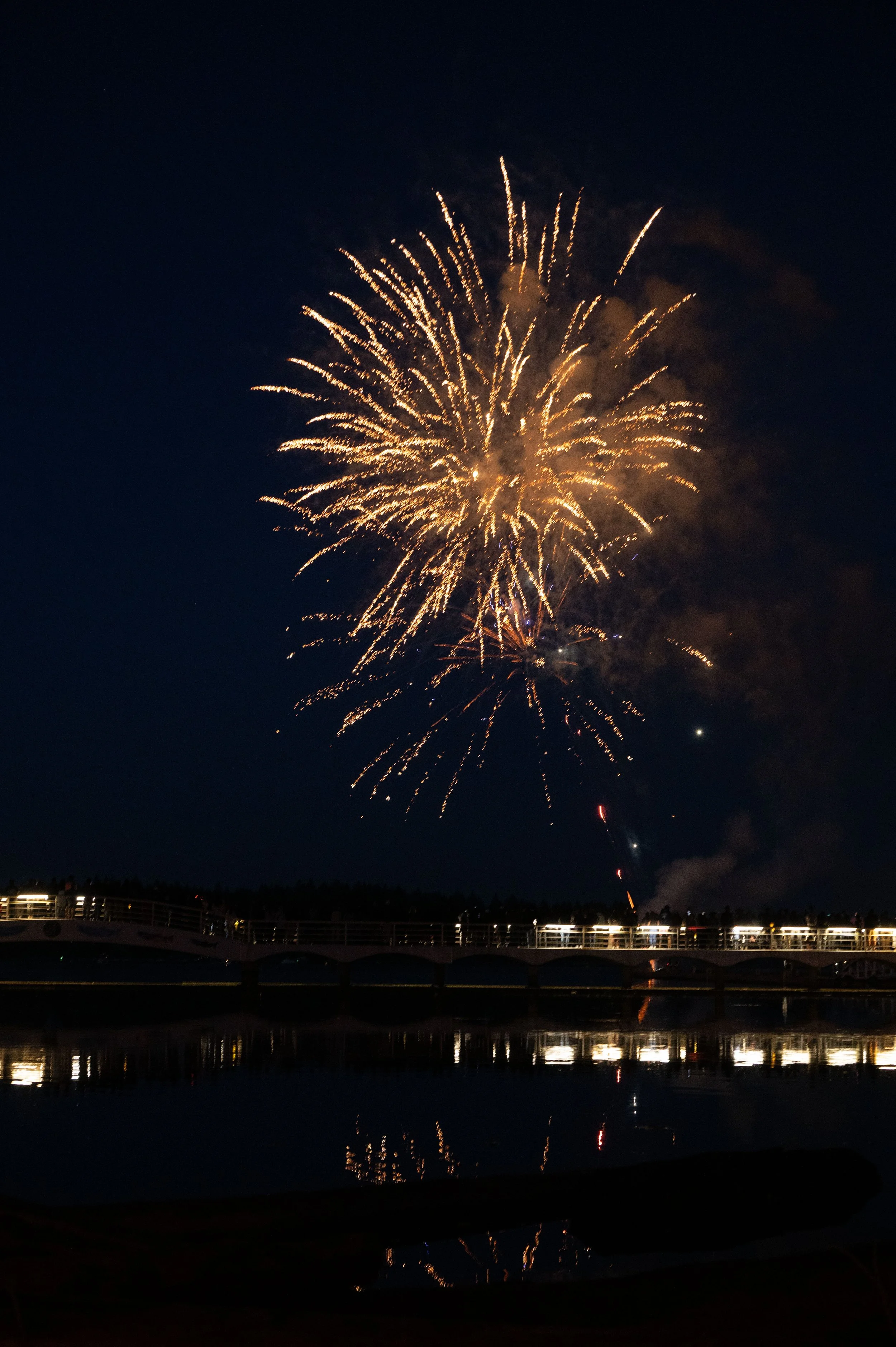Fireworks illuminating the night sky over a body of water with a bridge and trees in the distance.
