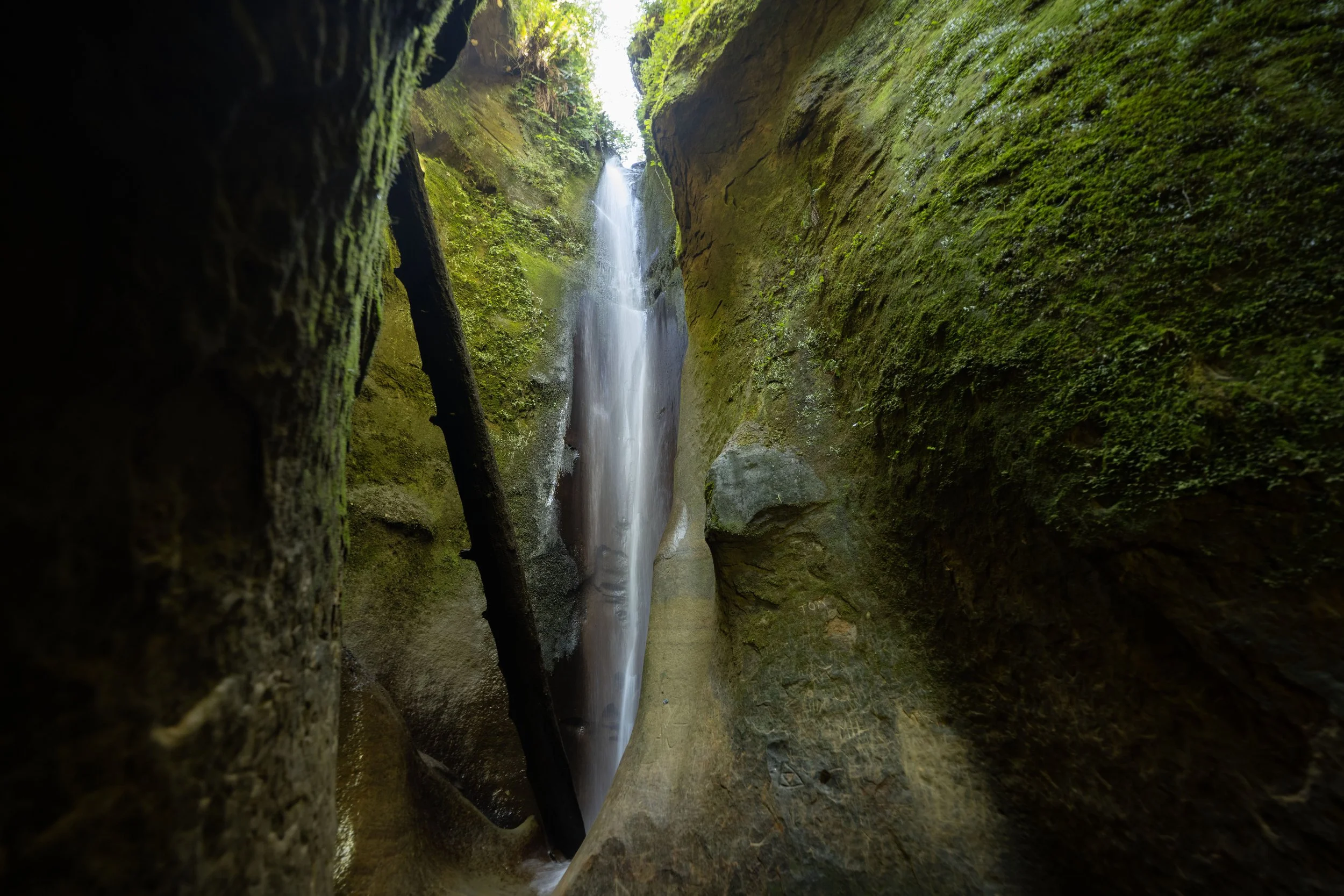 A narrow canyon with moss-covered rock walls and a thin waterfall flowing down between them, viewed from inside the crevice.