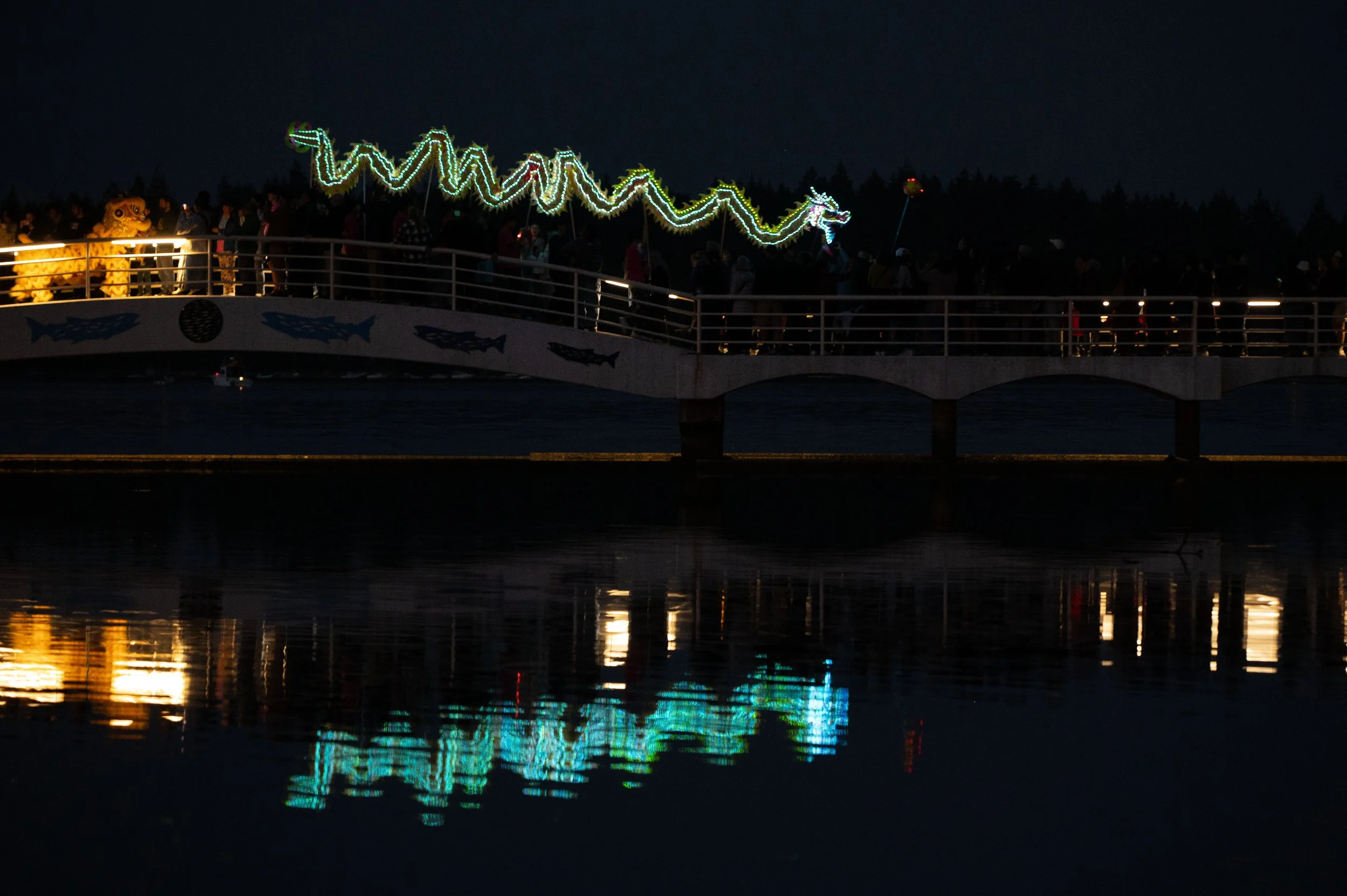 Night scene of illuminated dragon and lion parade on a bridge over water, with reflections and a dark sky.