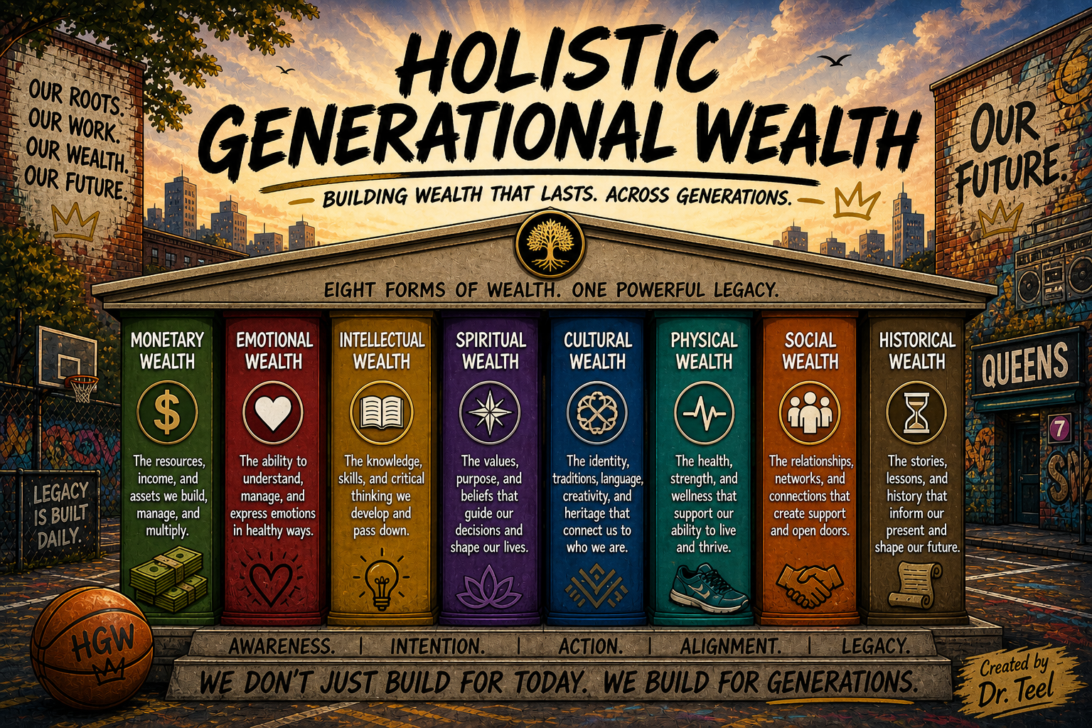 An illustrated poster depicting the concept of holistic generational wealth, showing eight pillars labeled as eight forms of wealth: monetary, emotional, intellectual, spiritual, cultural, physical, social, and historical. Each pillar contains a brief description of the form of wealth. The background includes a city skyline at sunset with graffiti-covered walls, a basketball hoop, and street signs. The poster emphasizes building lasting wealth across generations.