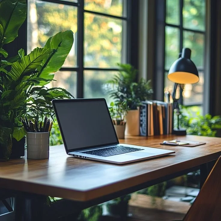 A tidy wooden desk with a laptop, potted plants, a desk lamp, and books, in a bright room with large windows and greenery outside.