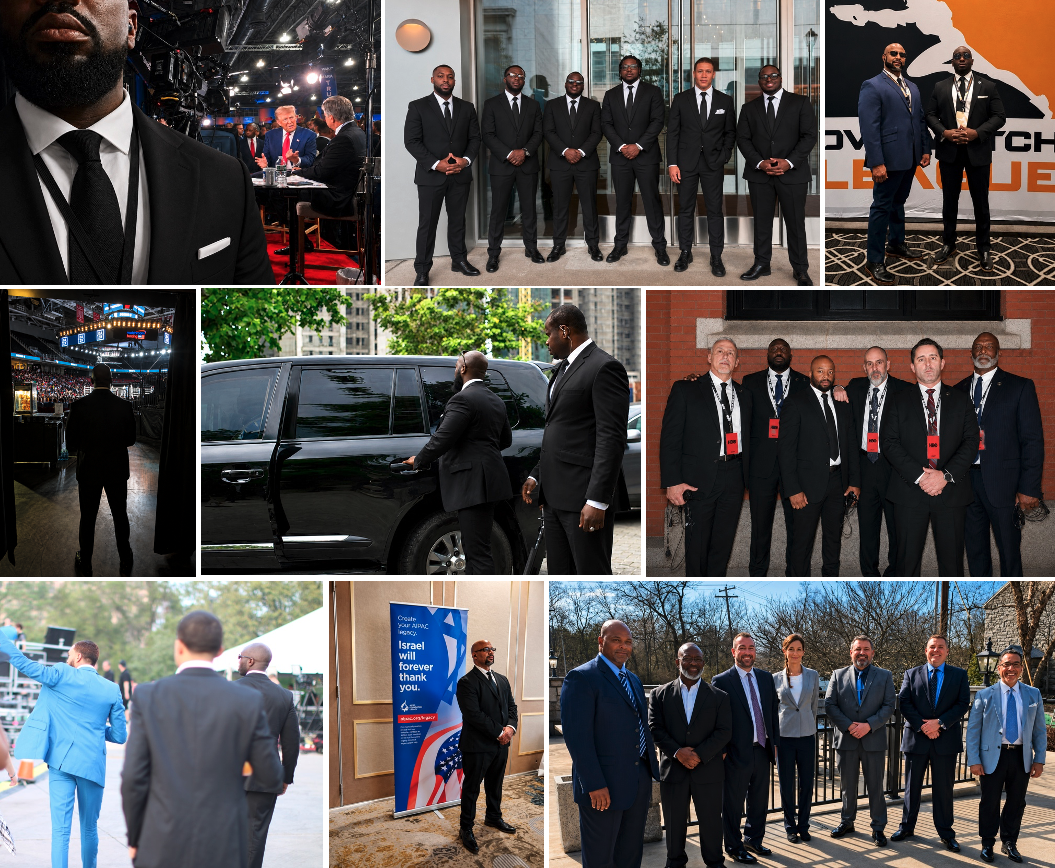 Collage of men in formal business attire at various events and locations, including interviews, meetings, conferences, and outdoor gatherings.