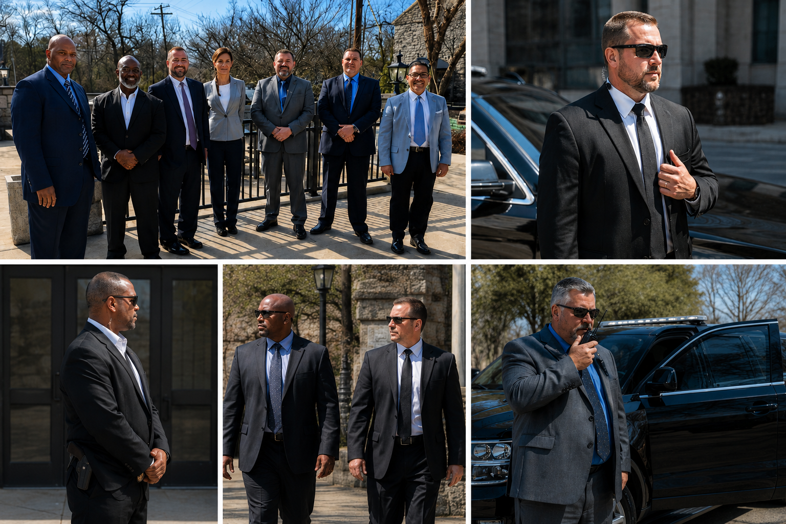 Group of seven professionals dressed in suits standing outside, with cars and cityscape in the background. Two men with sunglasses near black luxury vehicles, one speaking into a radio and the other touching his suit. Urban environment with trees and buildings.
