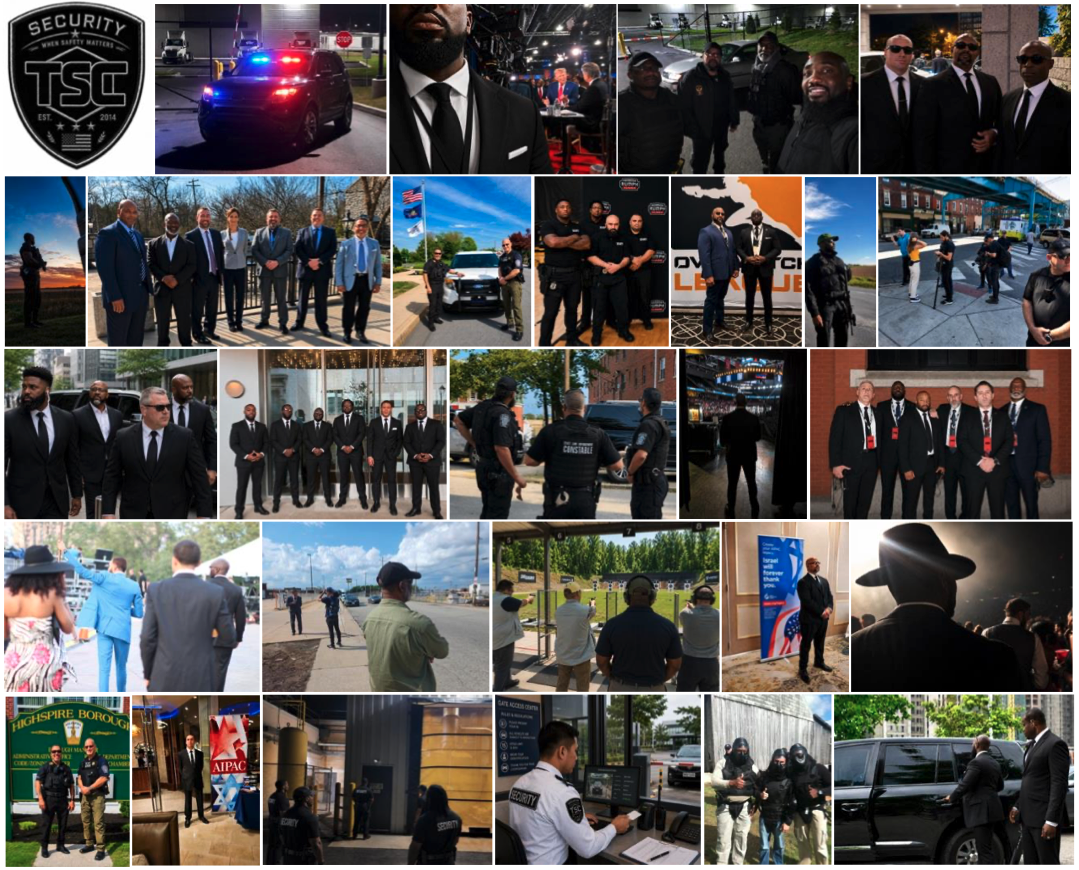 A collage of images showing security personnel, police, and security features at various locations and events. Includes security badges, police officers, security teams in suits, officers in uniform, crowd control, and security technology.