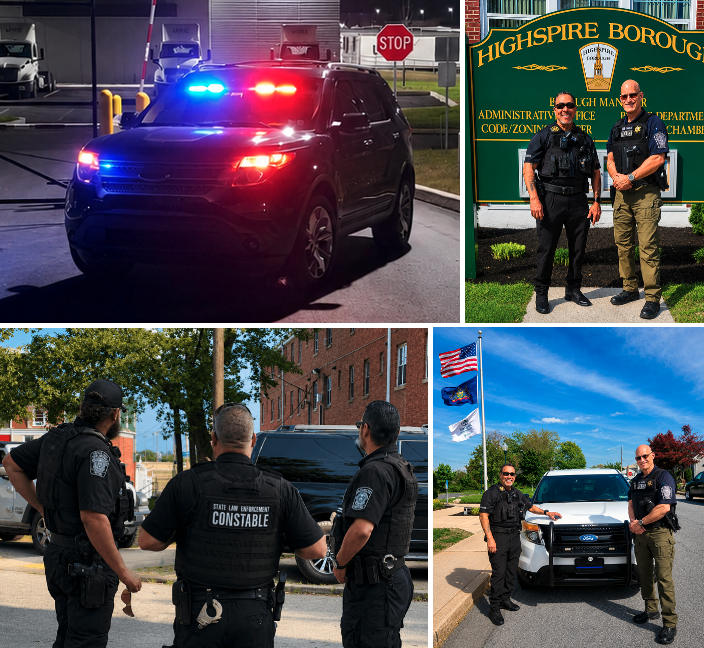 A police SUV with flashing lights at night, two law enforcement officers standing in front of a sign for Highspire Borough, three officers talking outdoors near a black vehicle on a sunny day in a neighborhood, and two officers standing next to a white police car with American and state flags in the background.